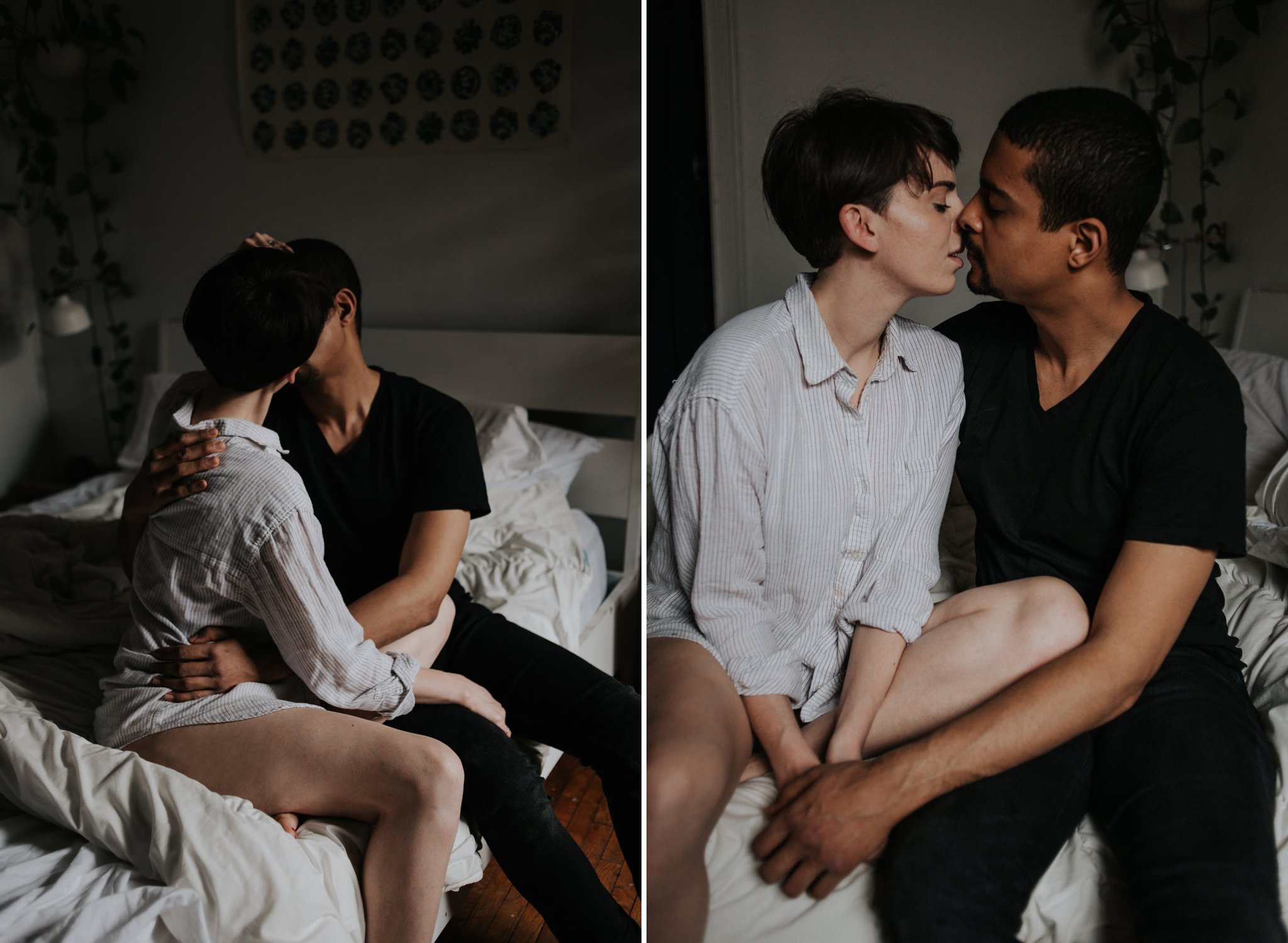 Young interracial couple sitting on bed in bohemian apartment // Downtown Toronto Couple Shoot by Daring Wanderer