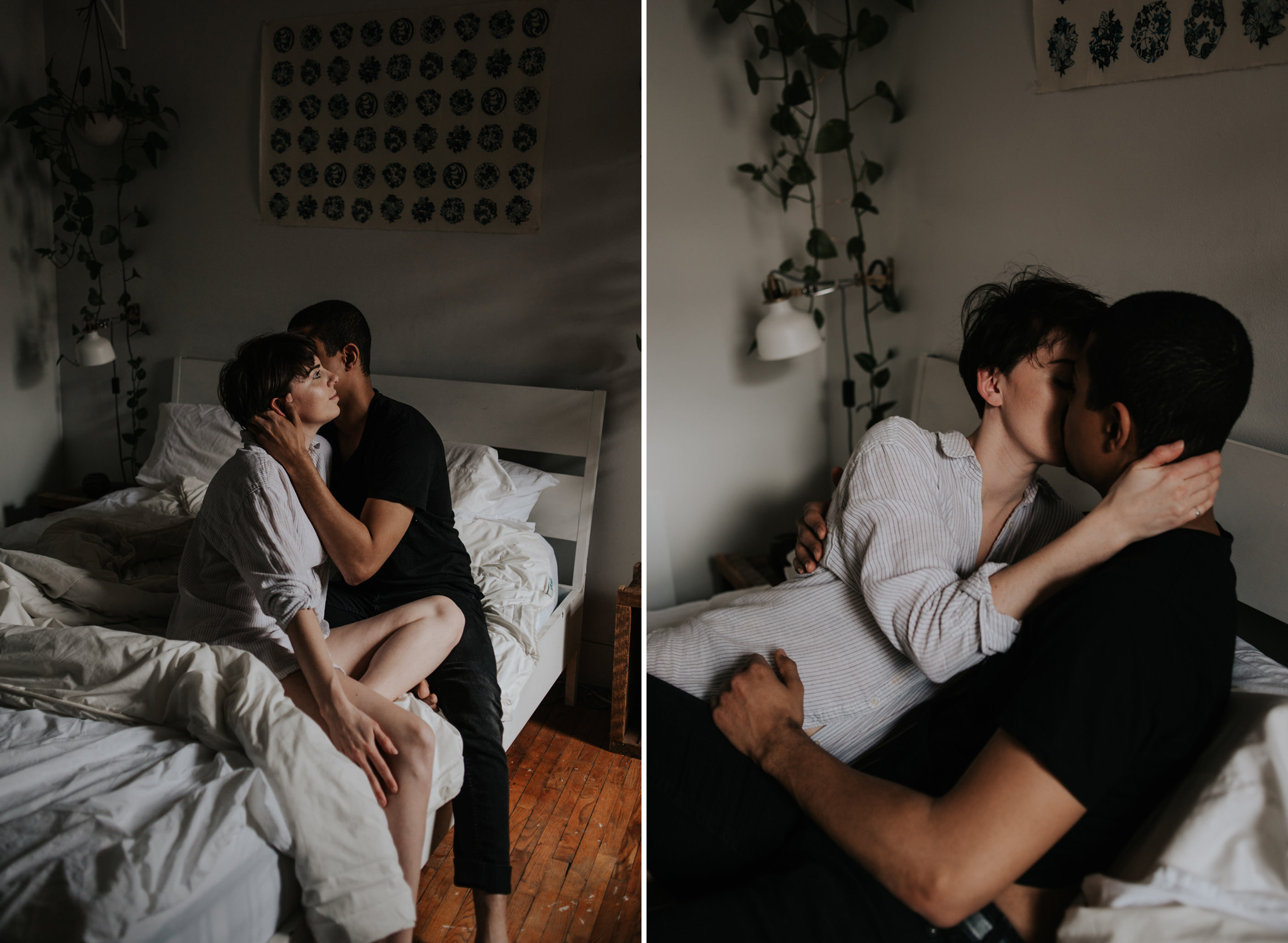 Young lovers kissing in bedroom in bohemian apartment // Downtown Toronto Couple Shoot by Daring Wanderer