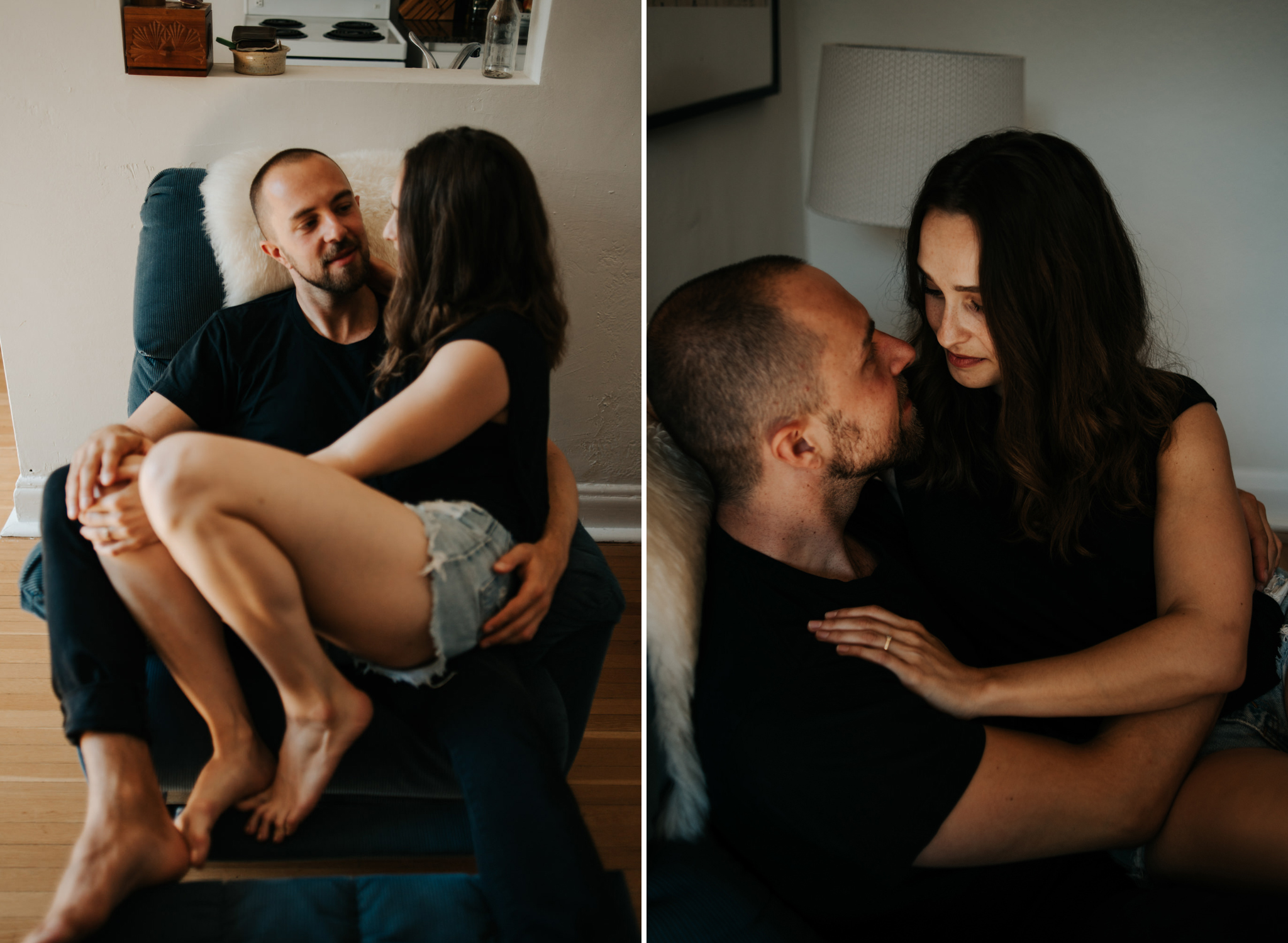 Young couple sitting on recliner chair in apartment in the morning light