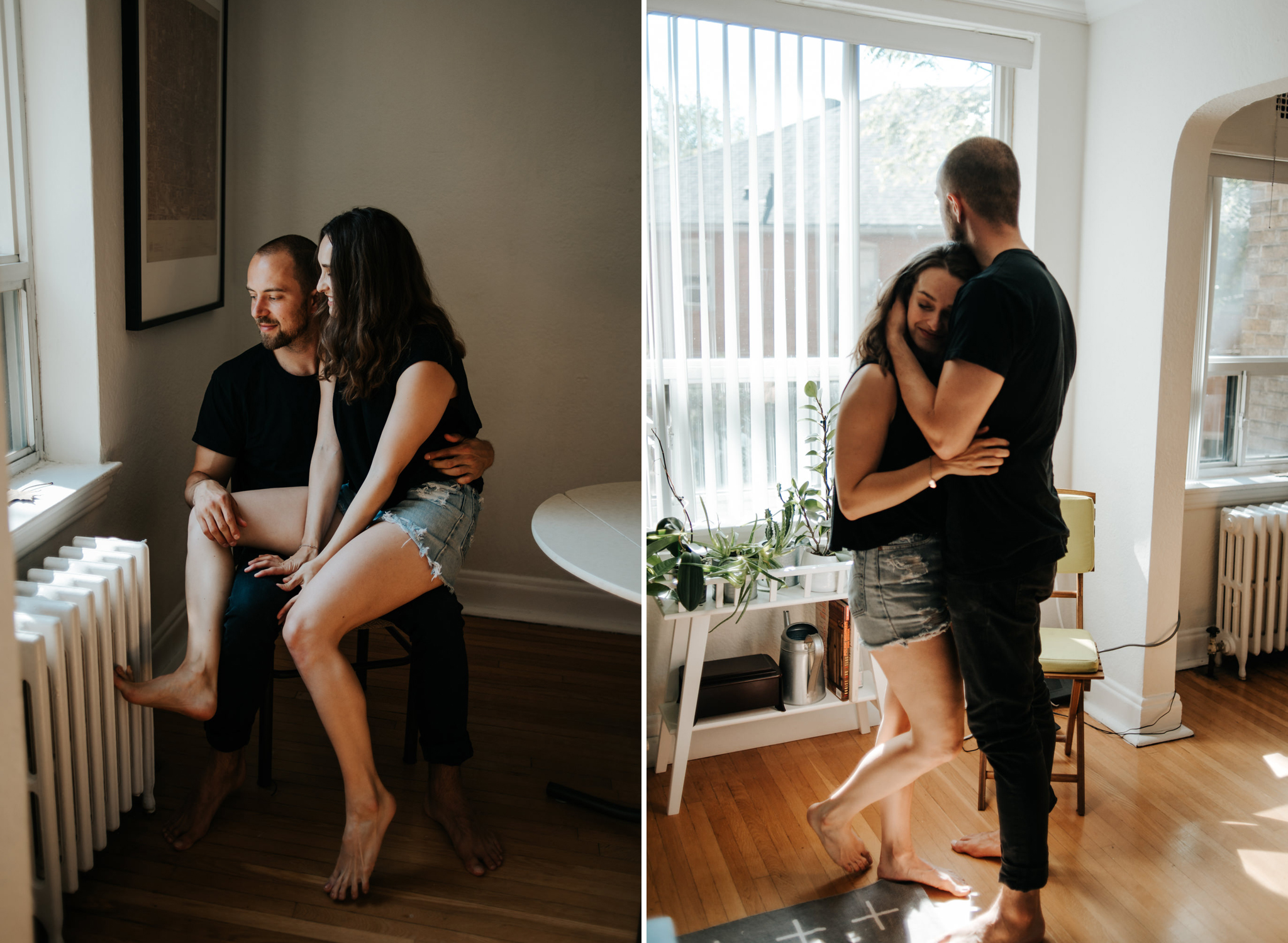 Intimate moment between couple as they hug in living room