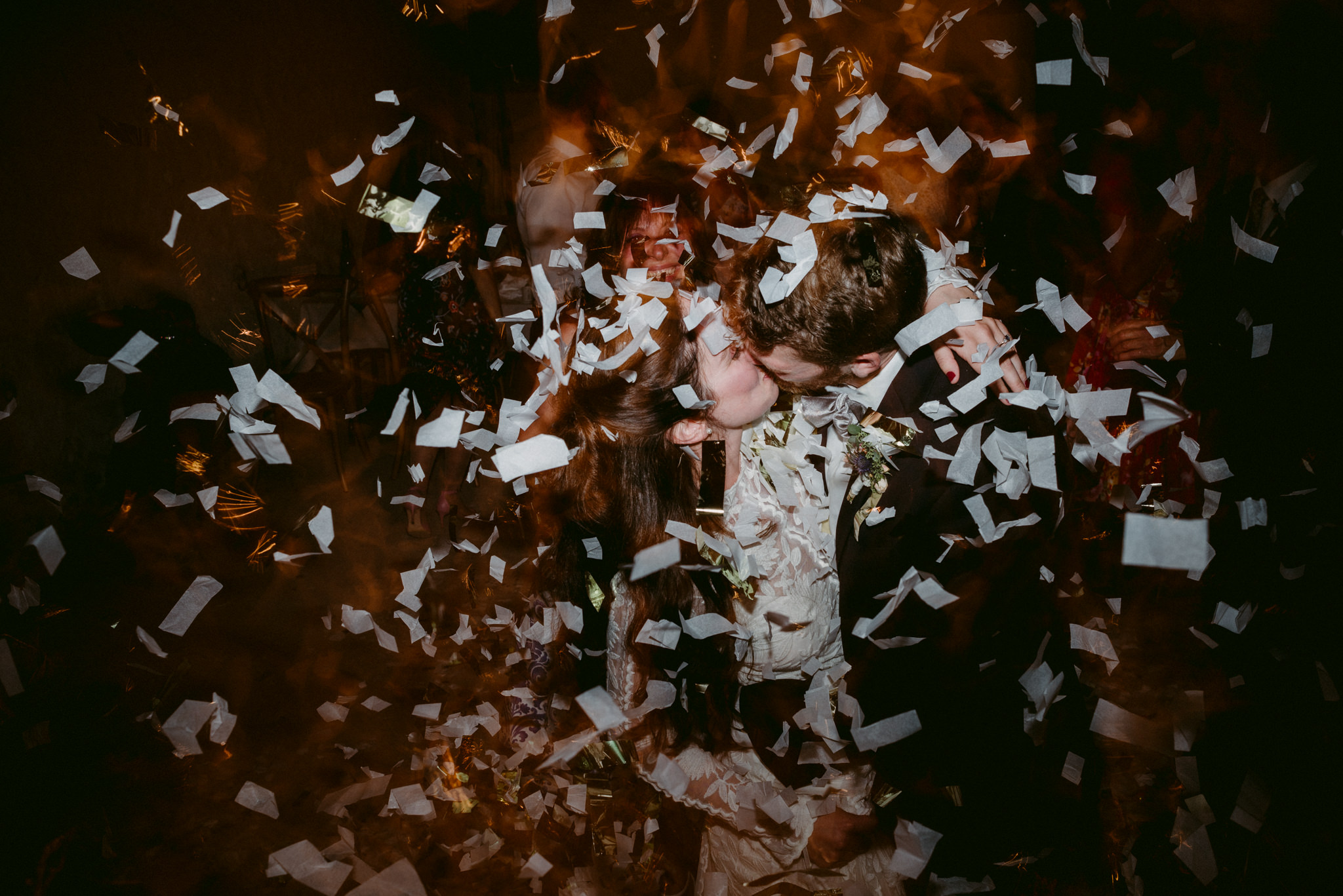 Confetti on the dance floor at wedding reception