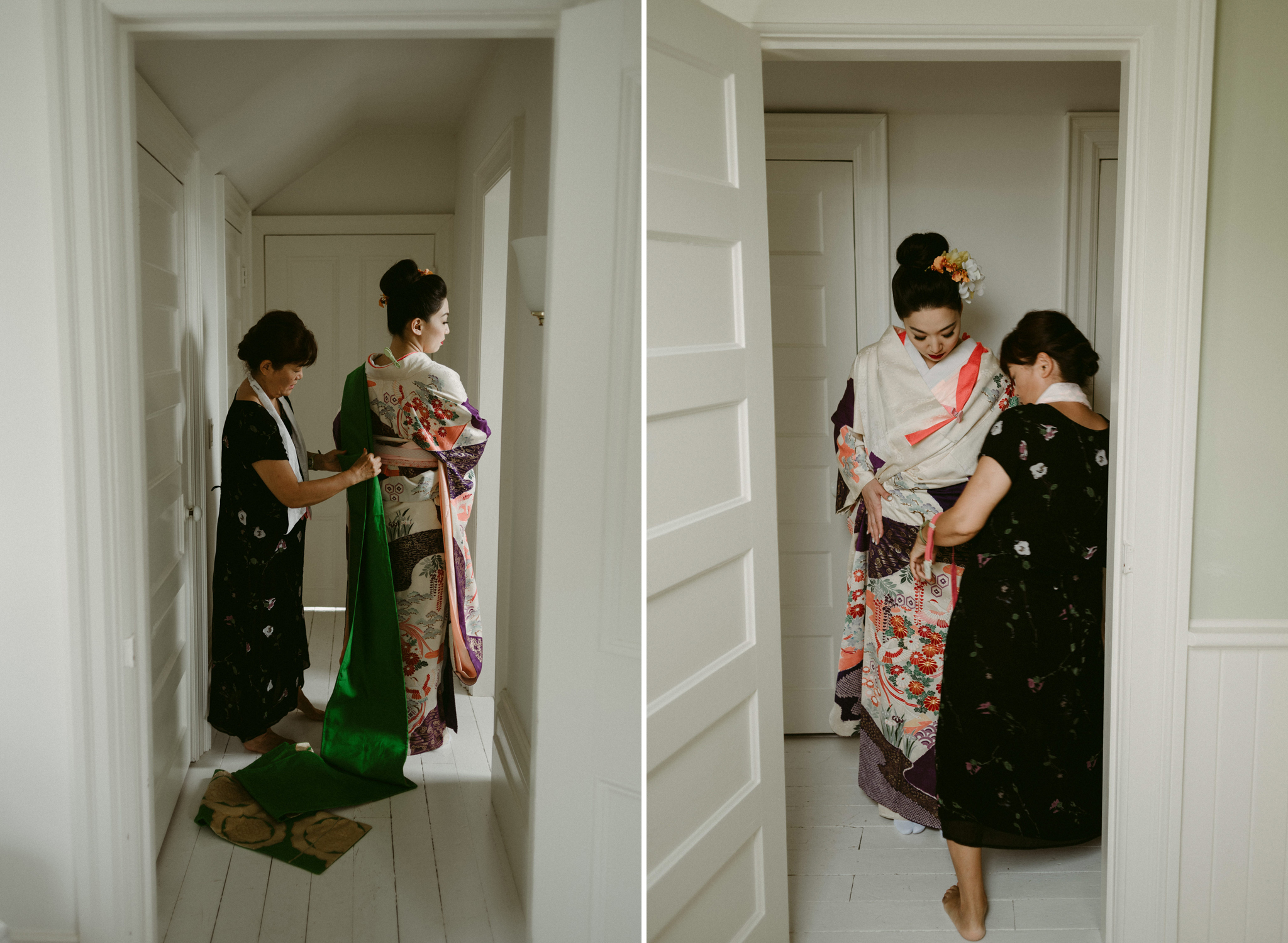 Japanese women being fitted into kimono