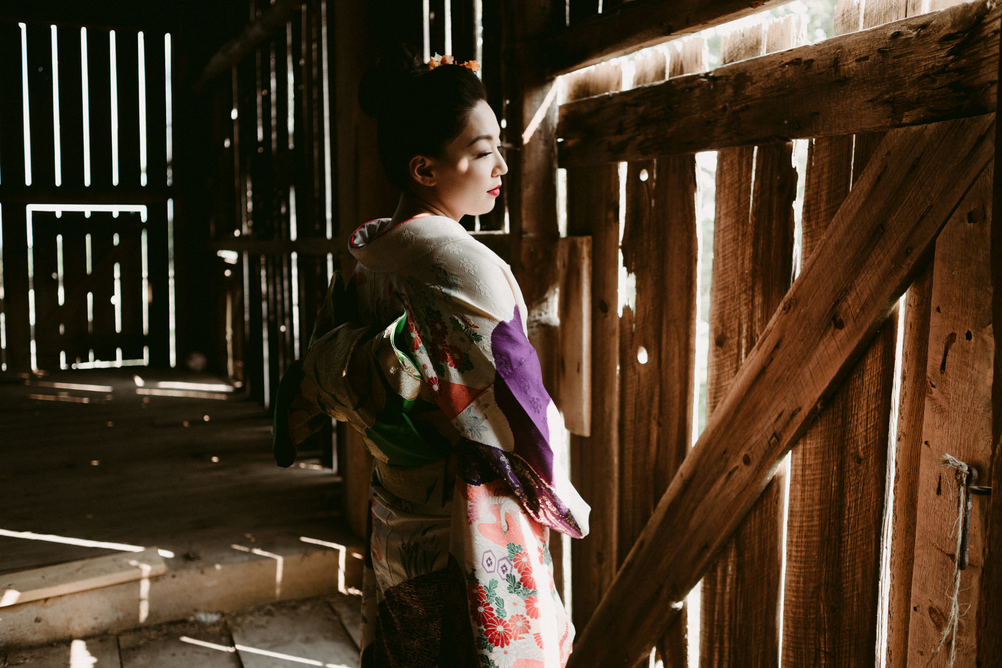 Japanese woman in kimono in barn