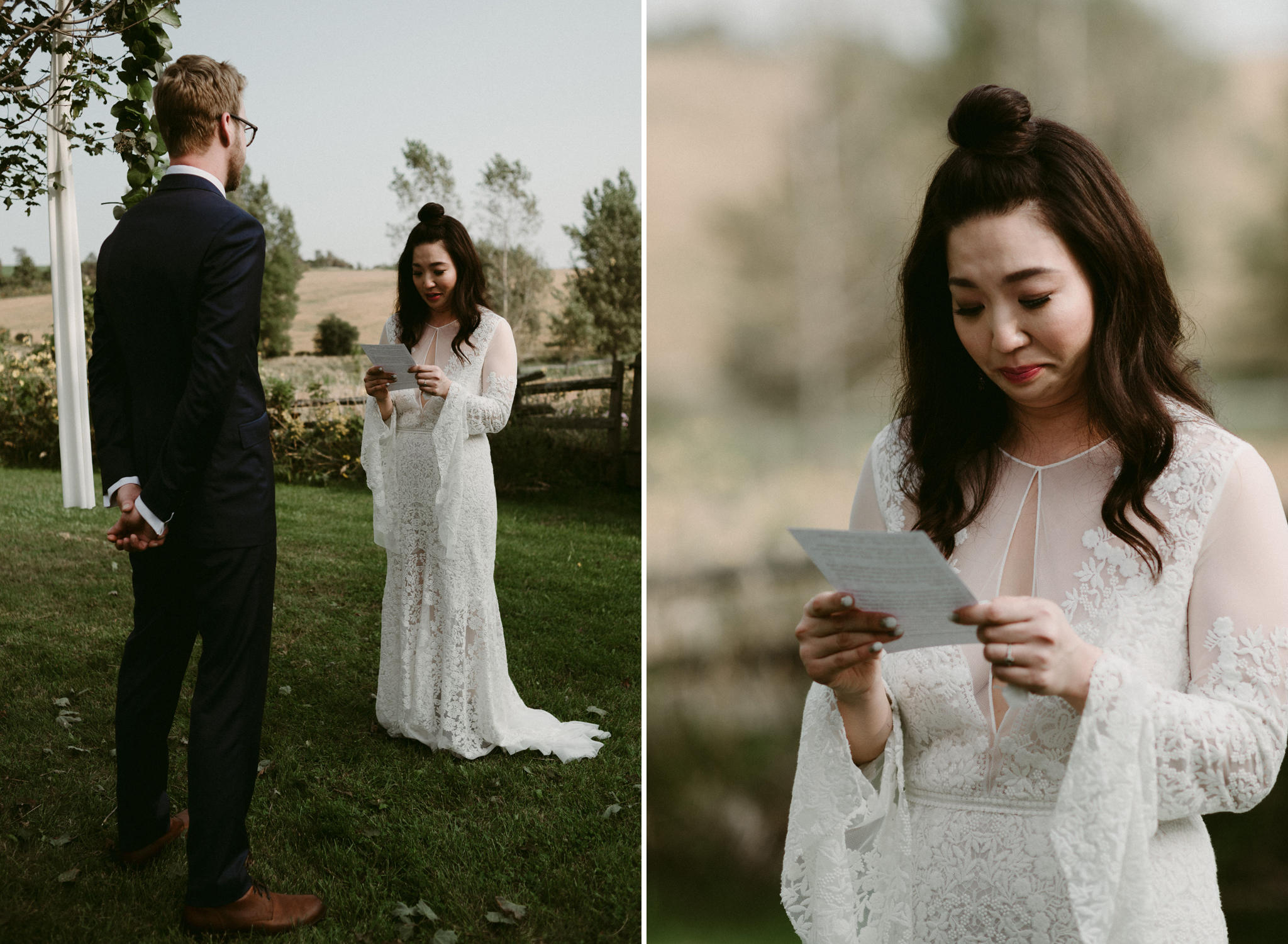 Emotional bride reading vows to groom in outdoor wedding ceremony