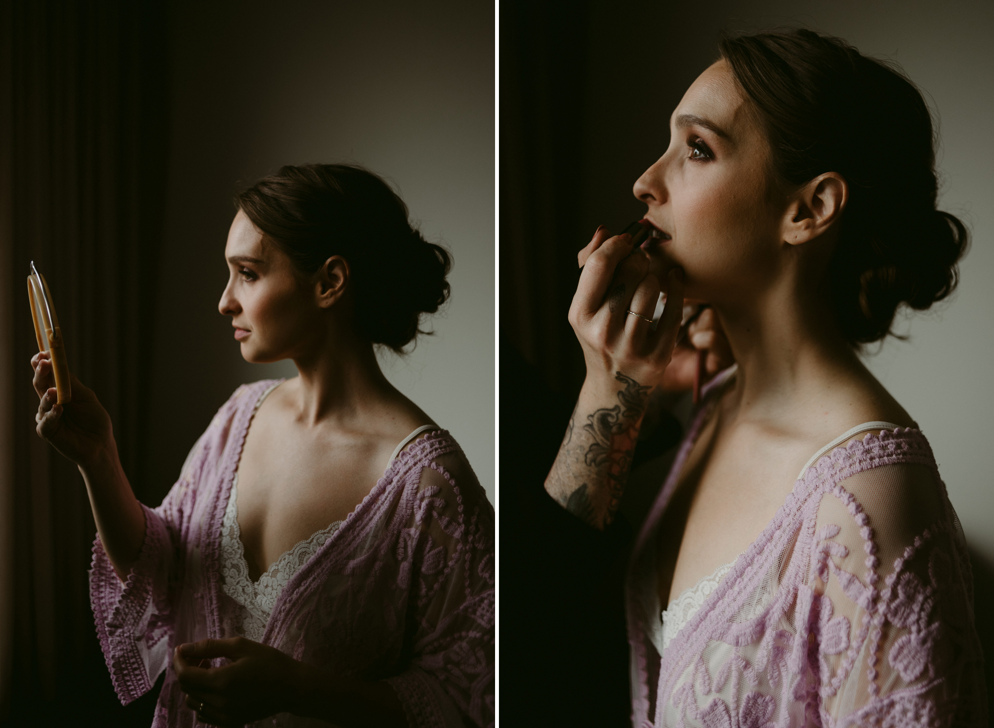 Bride getting makeup touchups in hotel