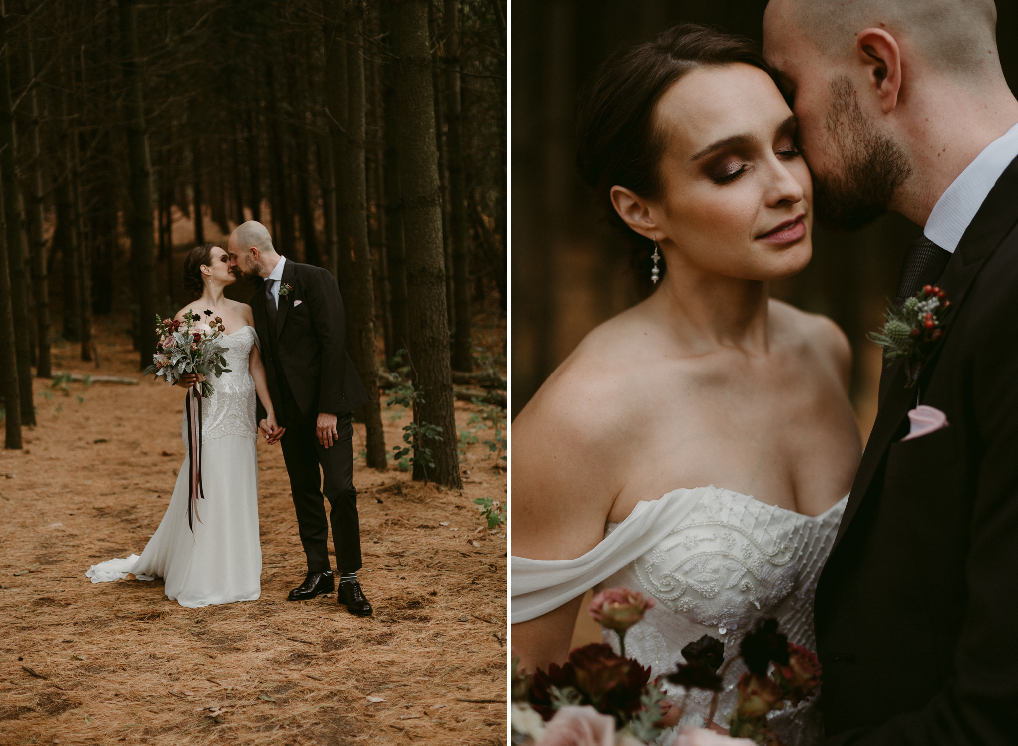 Groom kissing bride in forest