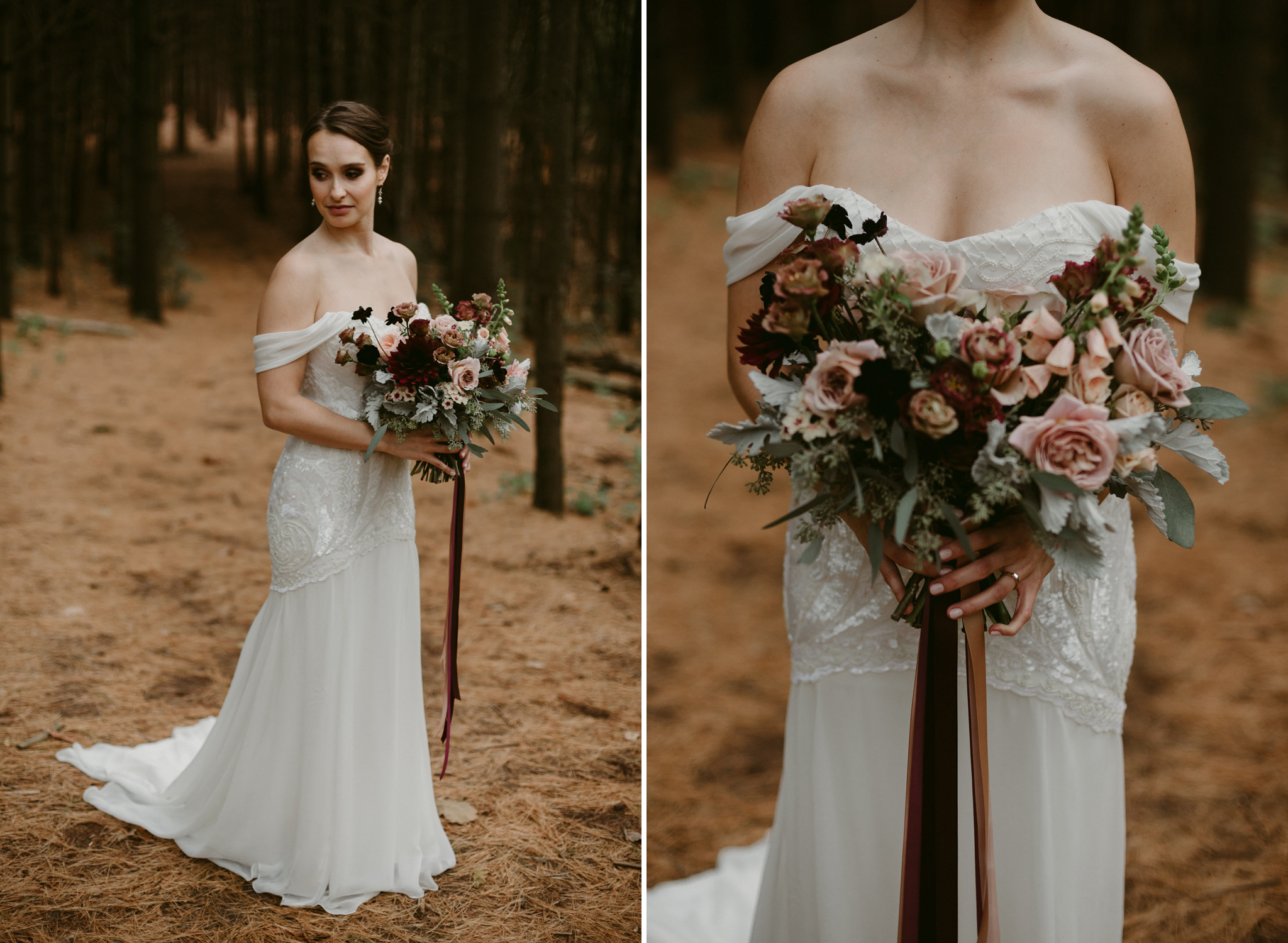 Bride holding large bouquet in forest