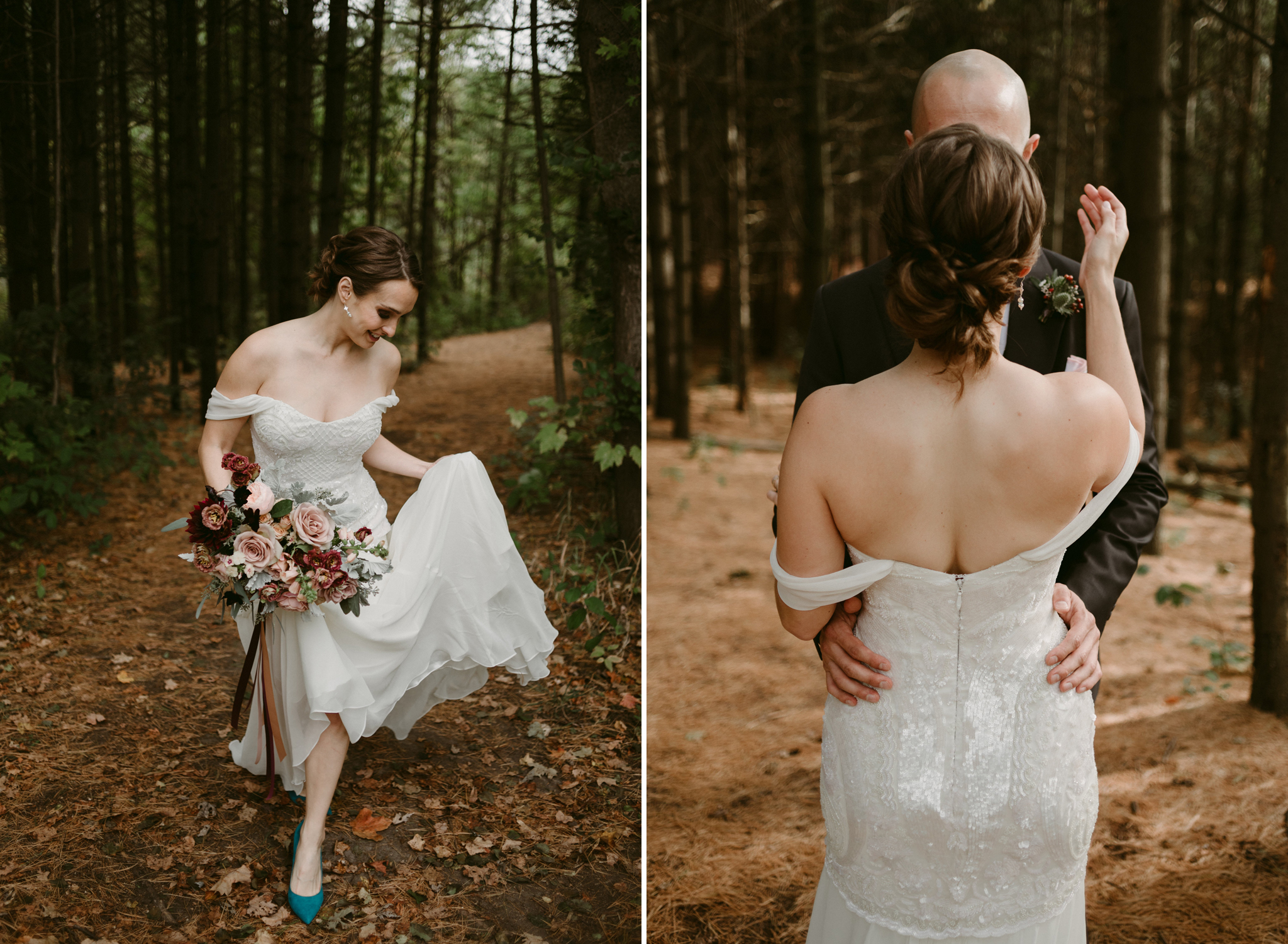 Back of bride's wedding dress, hugging groom