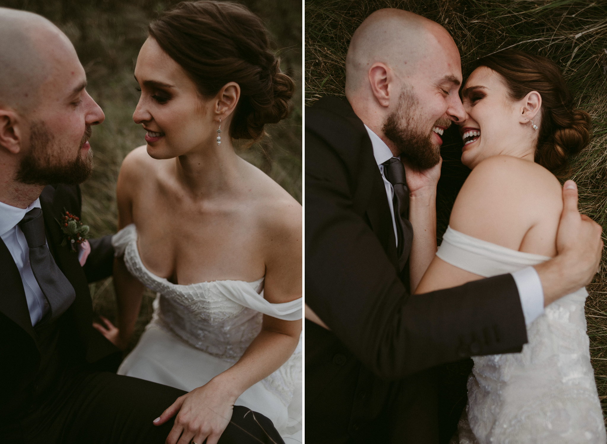 Bride and groom lying down side by side in field laughing