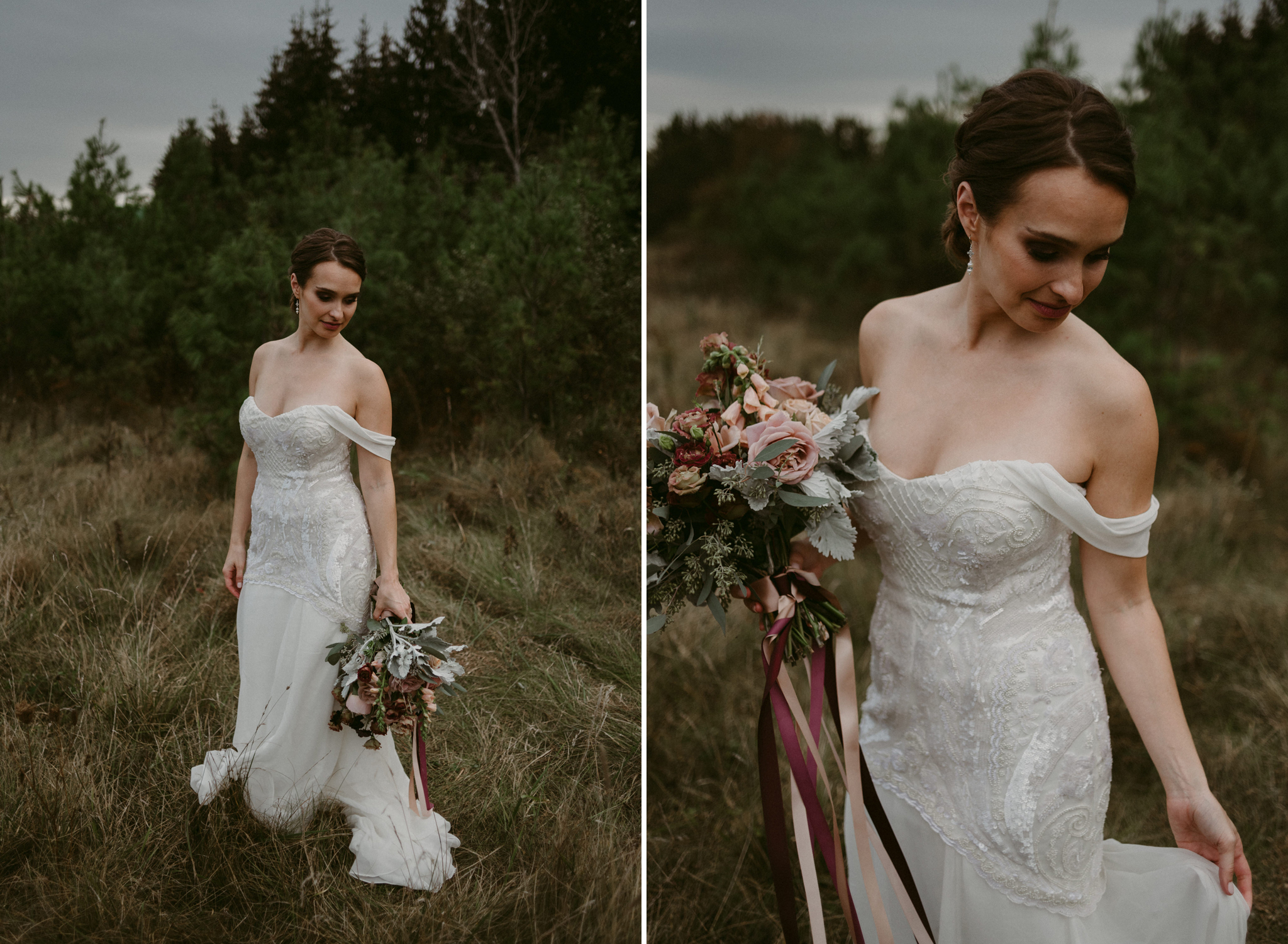 Bride holding maroon and pink bouquet in field