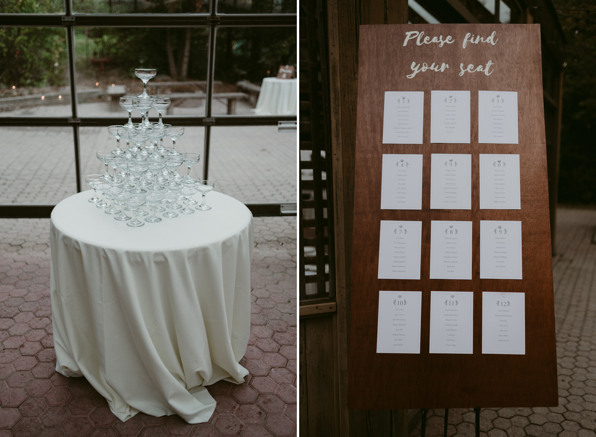 Champagne glass tower and handmade wooden sign seating chart for wedding