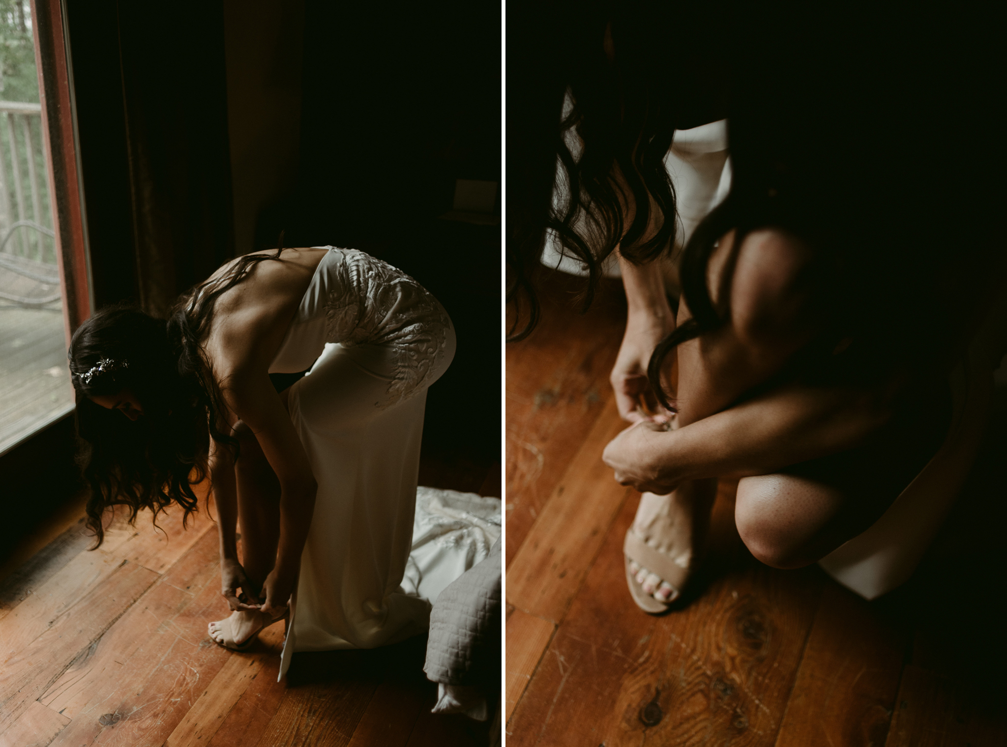 Bride doing up straps of shoes by door