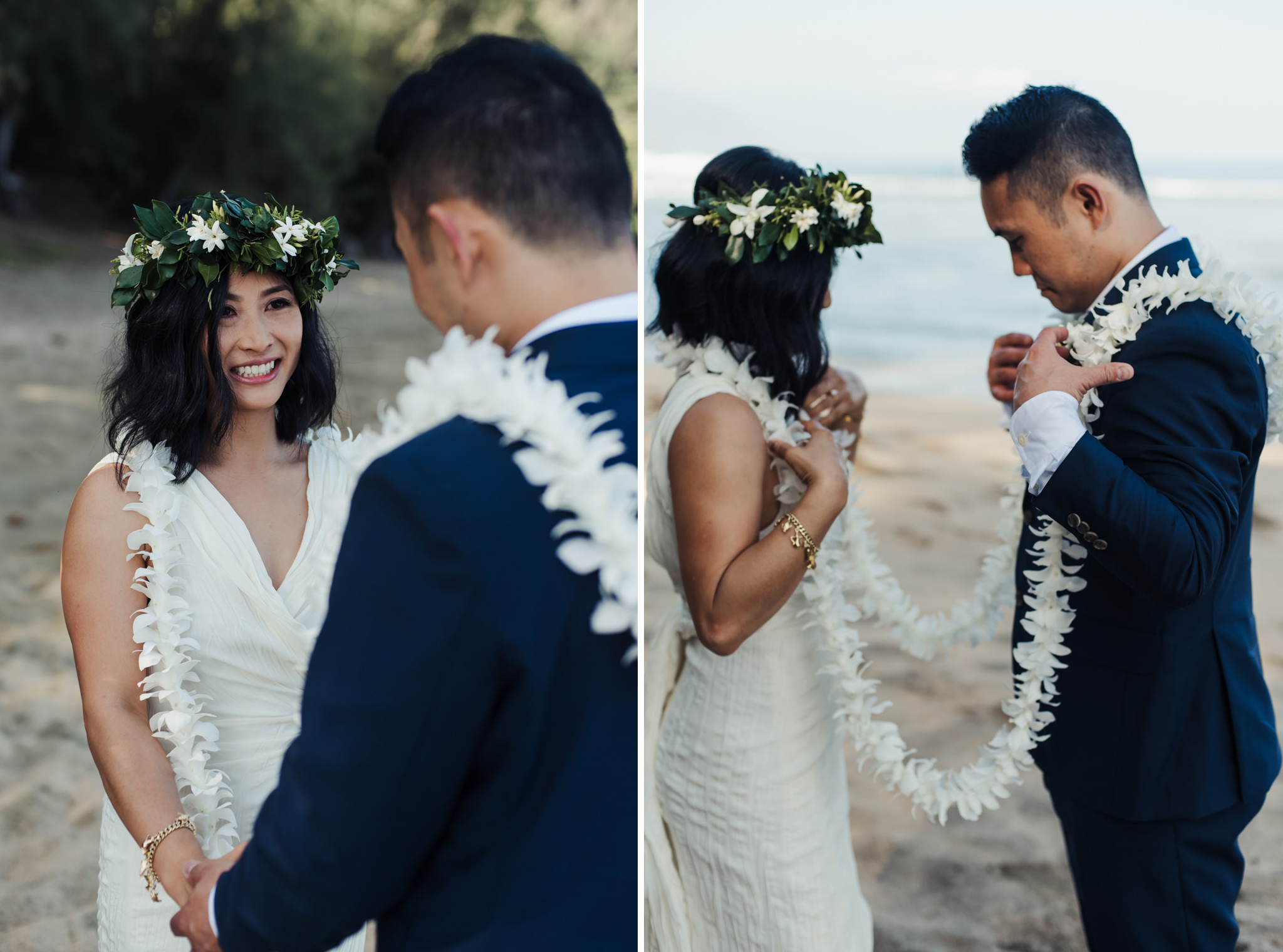 Bride and groom holding hands in Hawaiian wedding ceremony