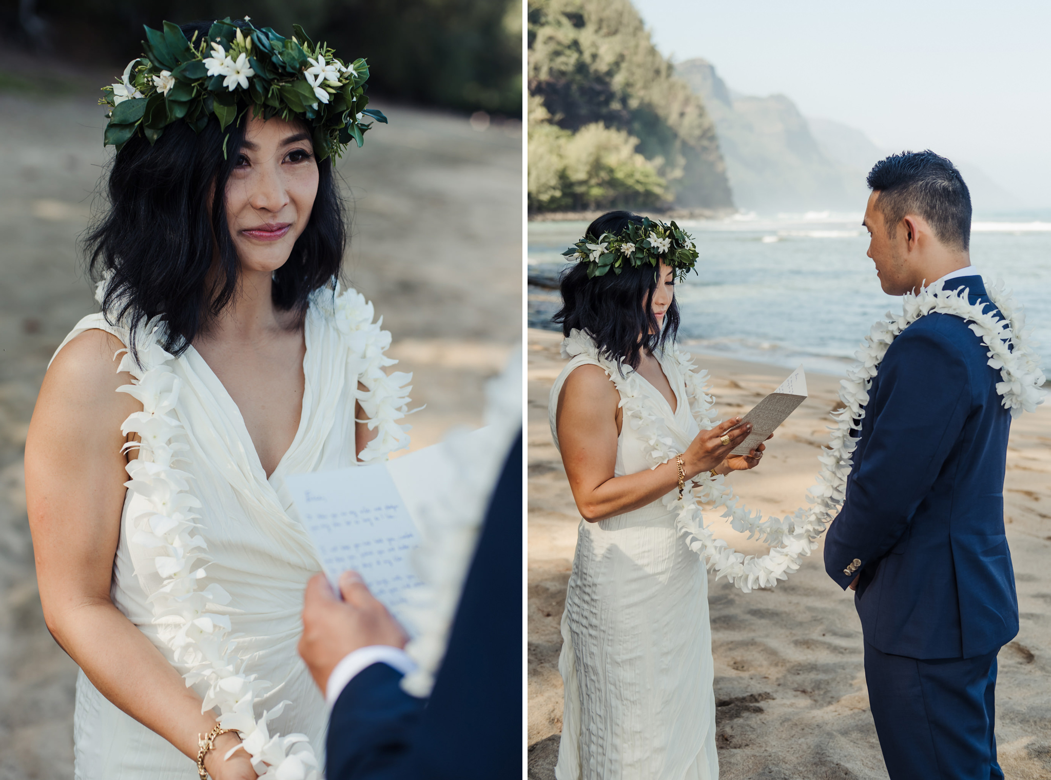 emotional bride while groom reads vows in beach ceremony