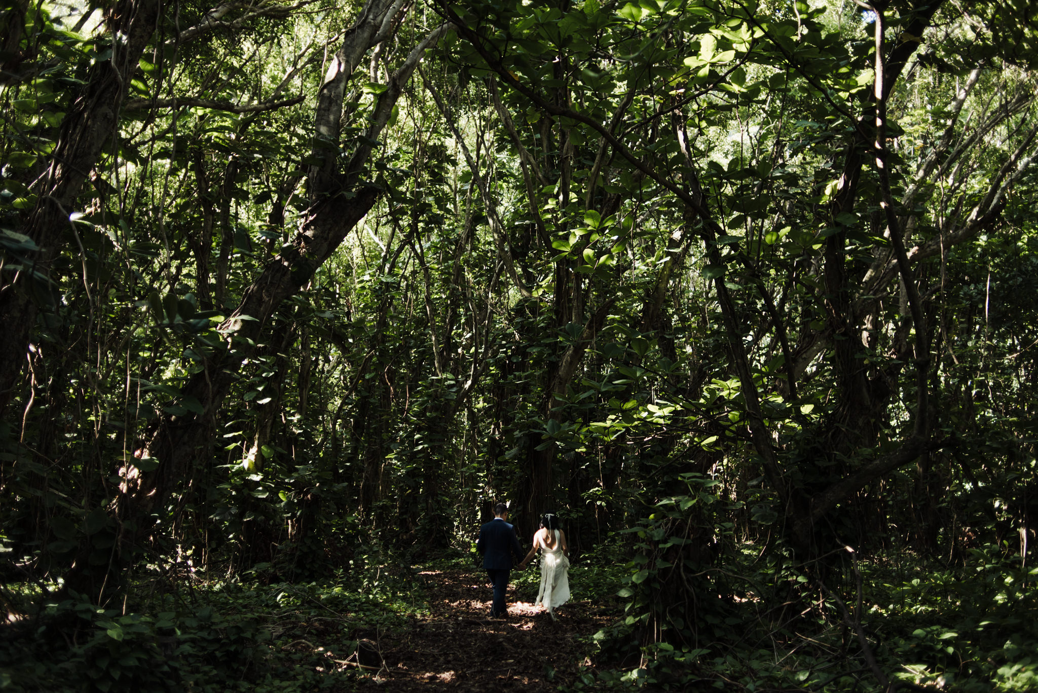 bride and groom walking in tropical forest