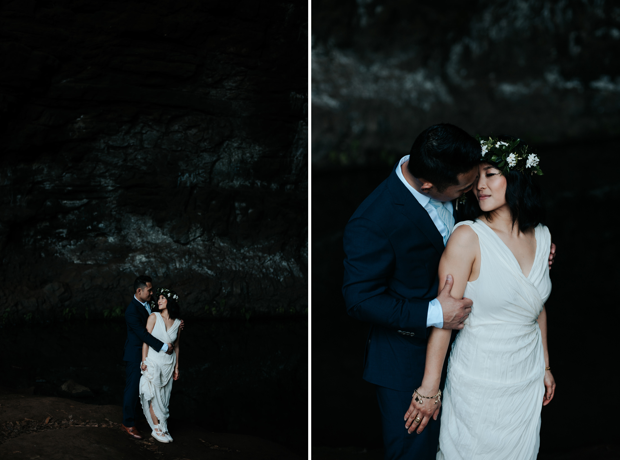 bride and groom in cave in kauai