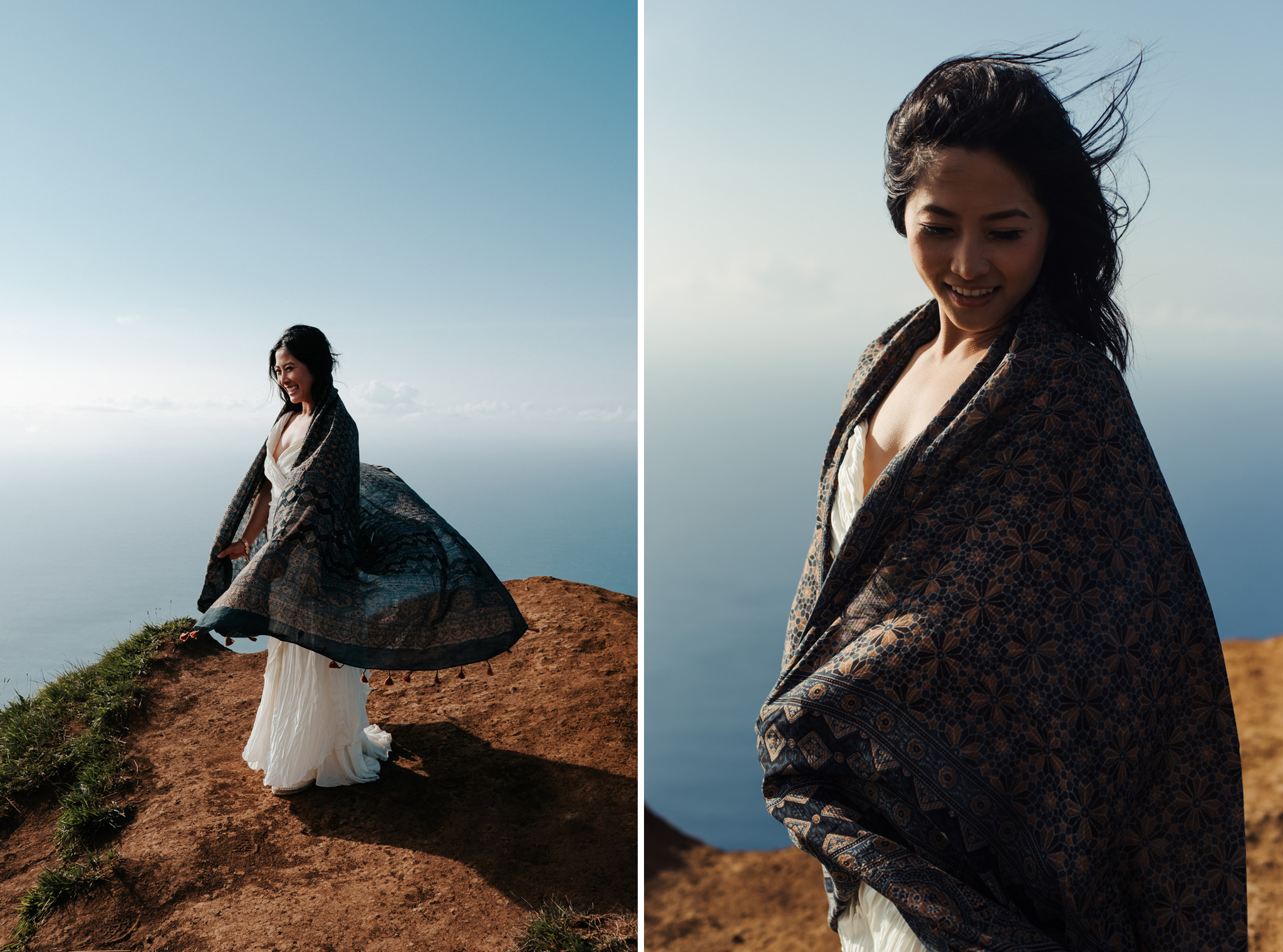 bride wrapped up in scarf on edge of cliff in Kauai