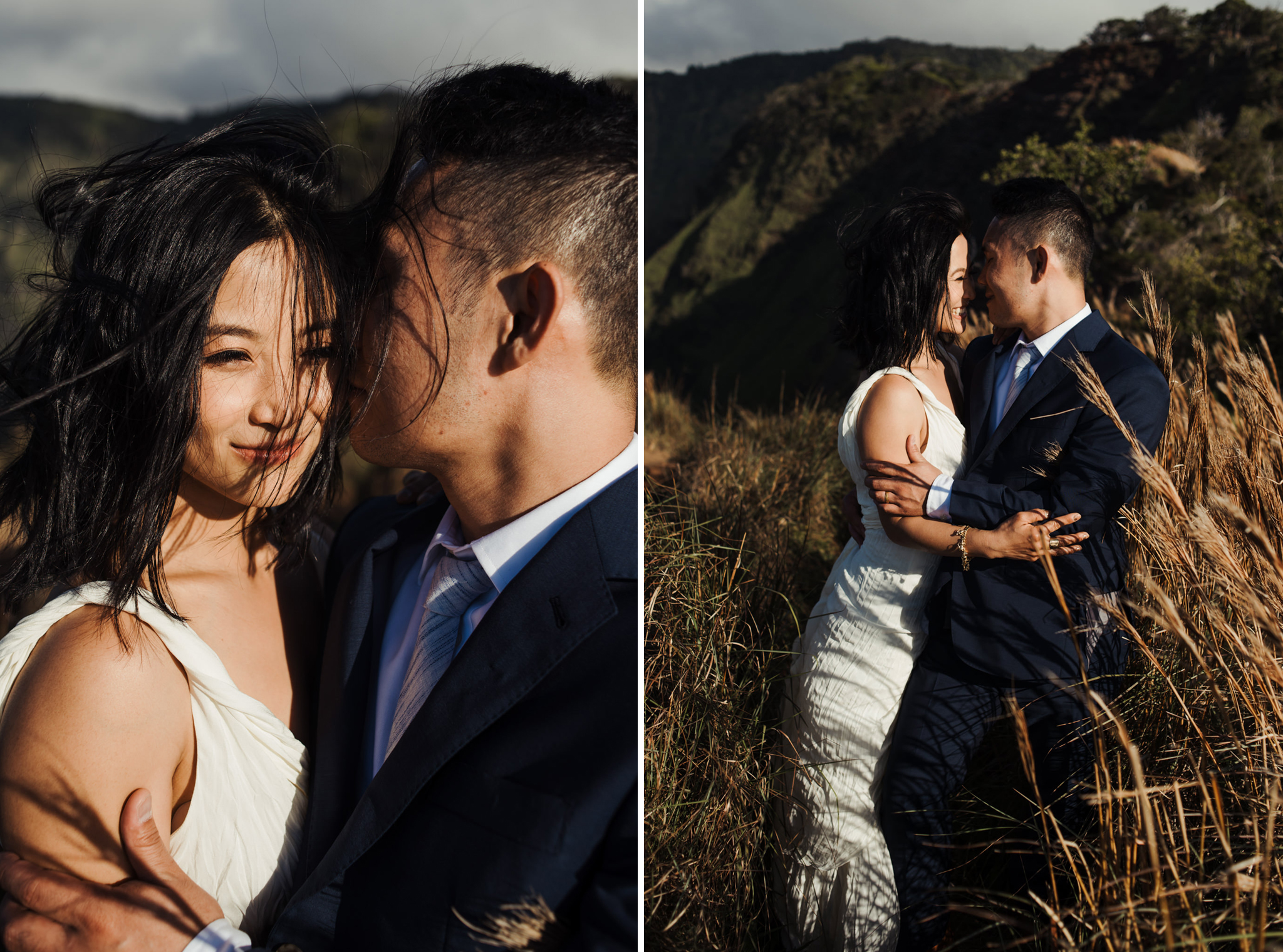 bride and groom kissing in sunlight in Kauai