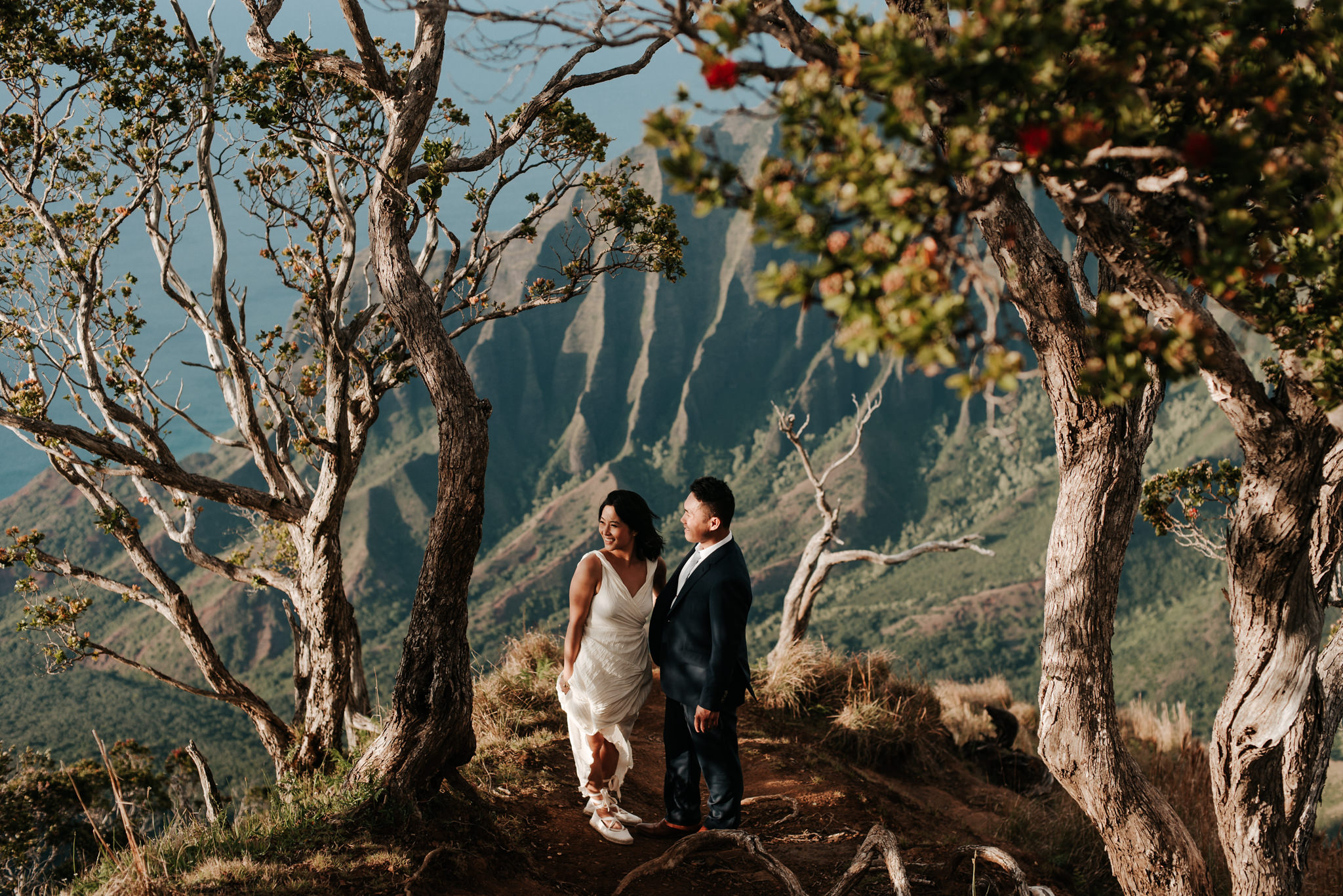 bride and groom standing with view of Na Pali coast cliffs in Kokee State Park