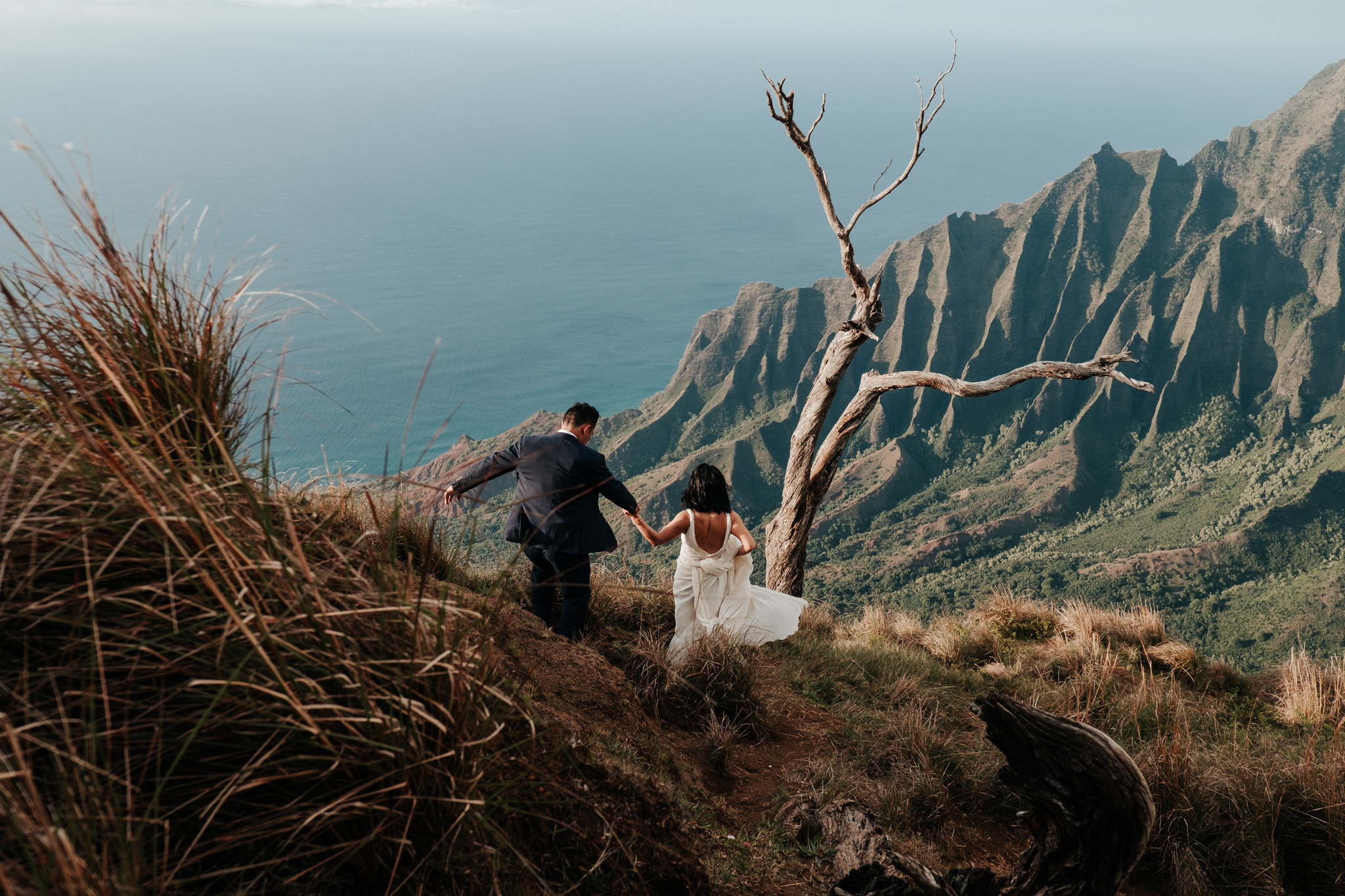 bride and groom hiking down to view of Na Pali coast cliffs in Kokee State Park