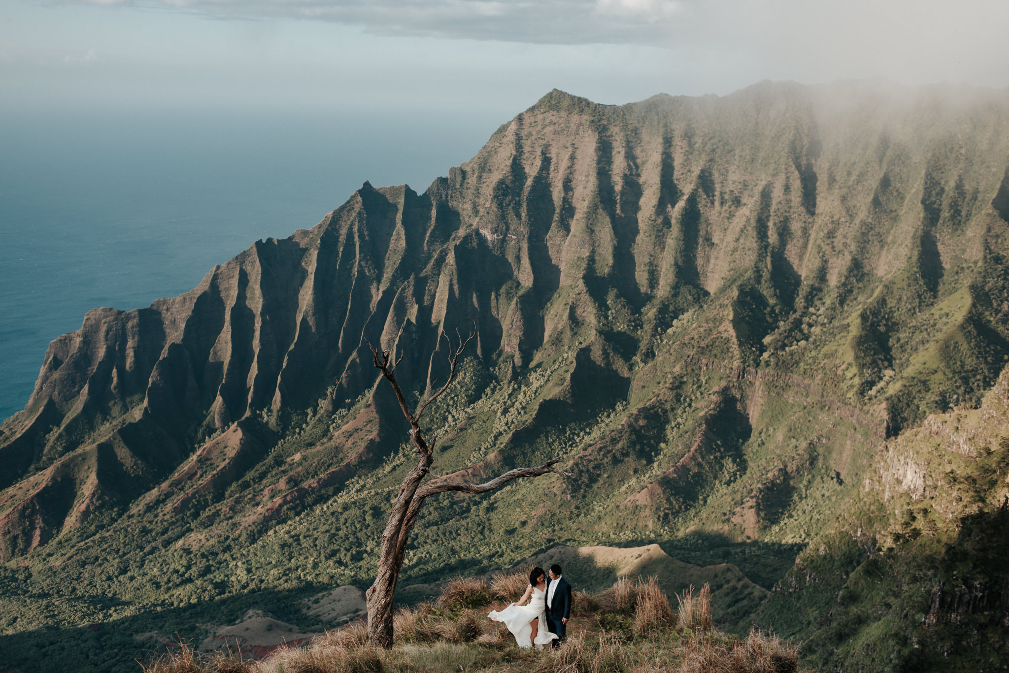 bride and groom standing with view of Na Pali coast cliffs in Kokee State Park