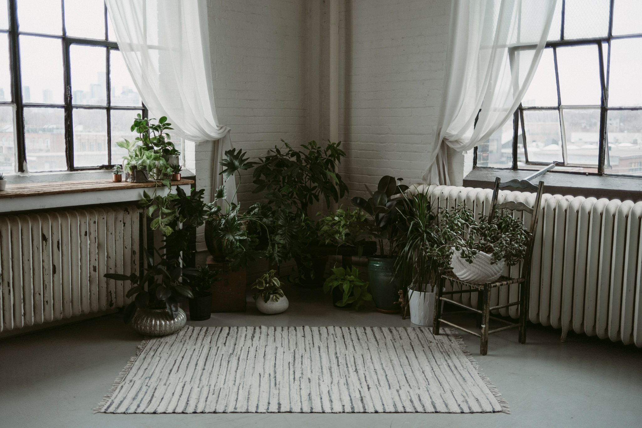 Plants and rug for ceremony in trendy loft