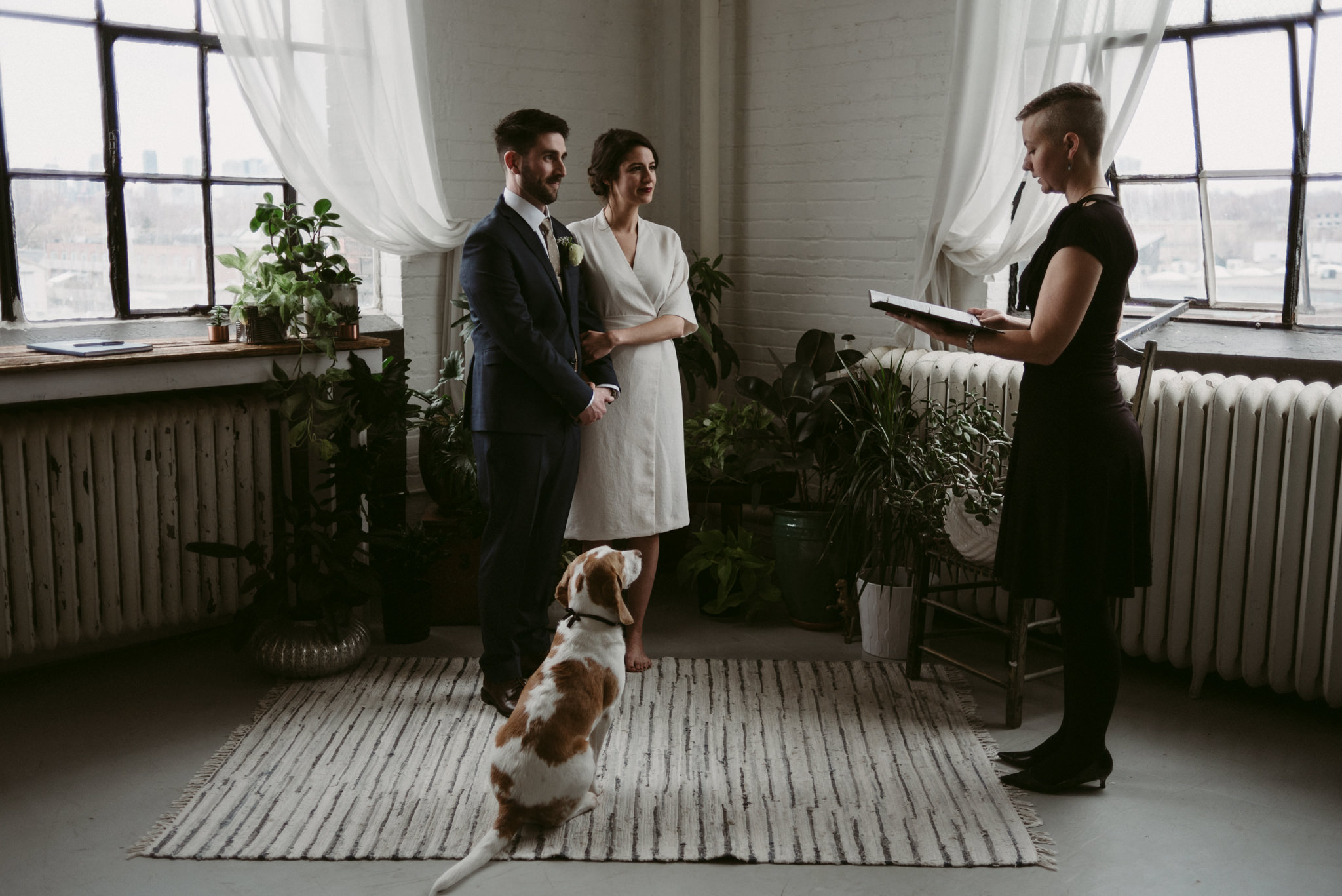 Dog watching during wedding ceremony in trendy Toronto loft