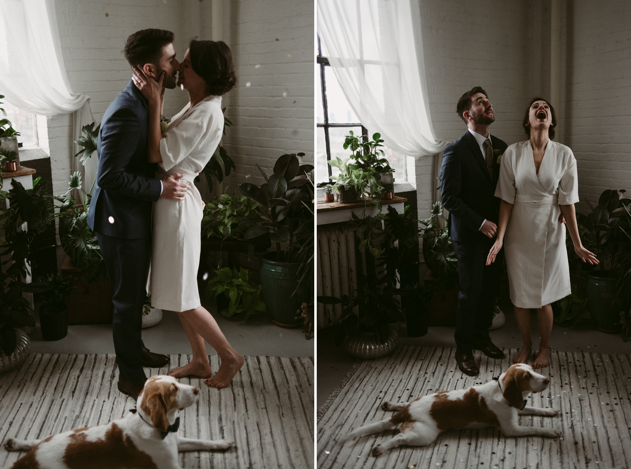 Bride and groom first kiss in loft