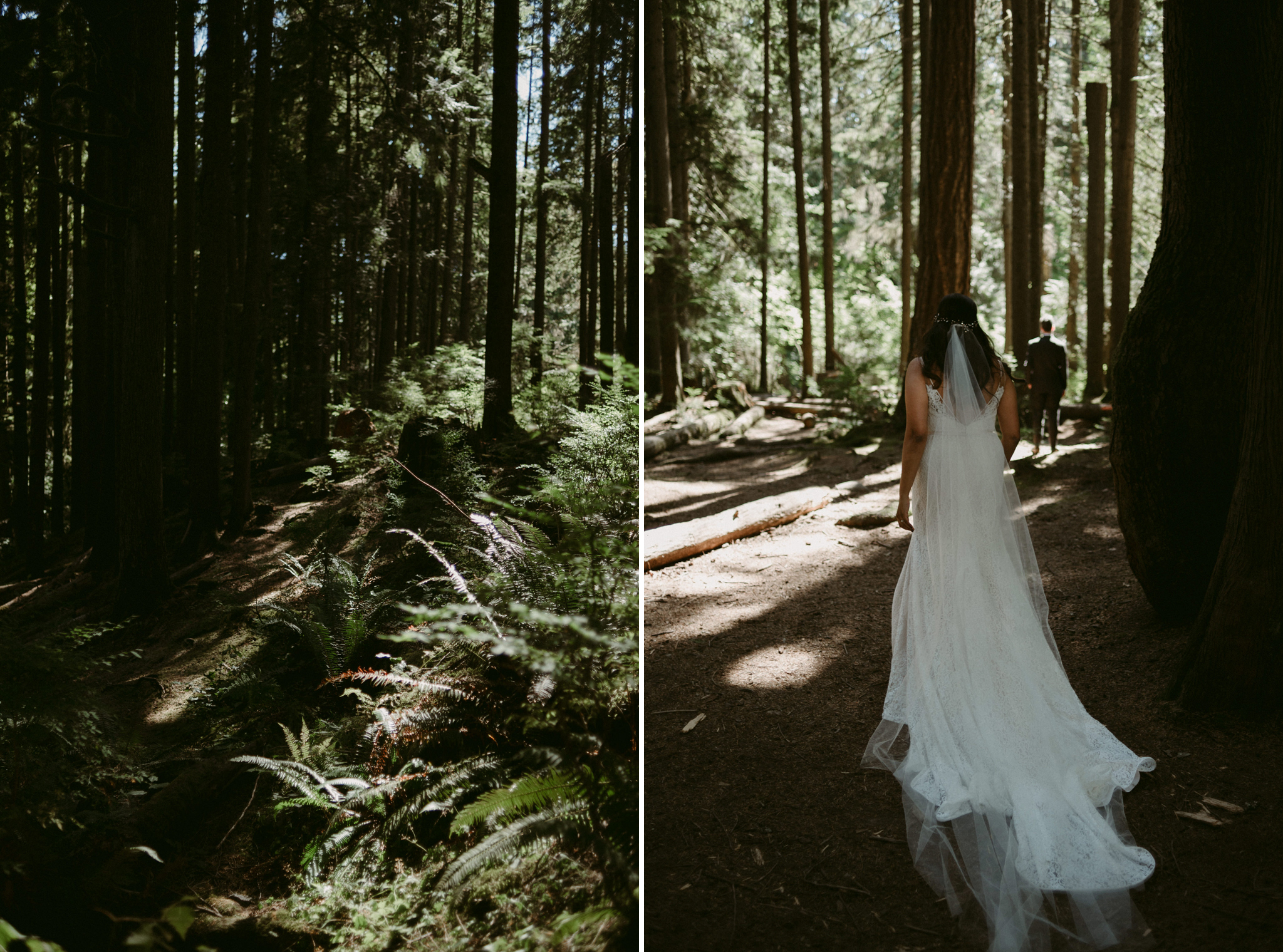 bride walking up to groom in forest for first look