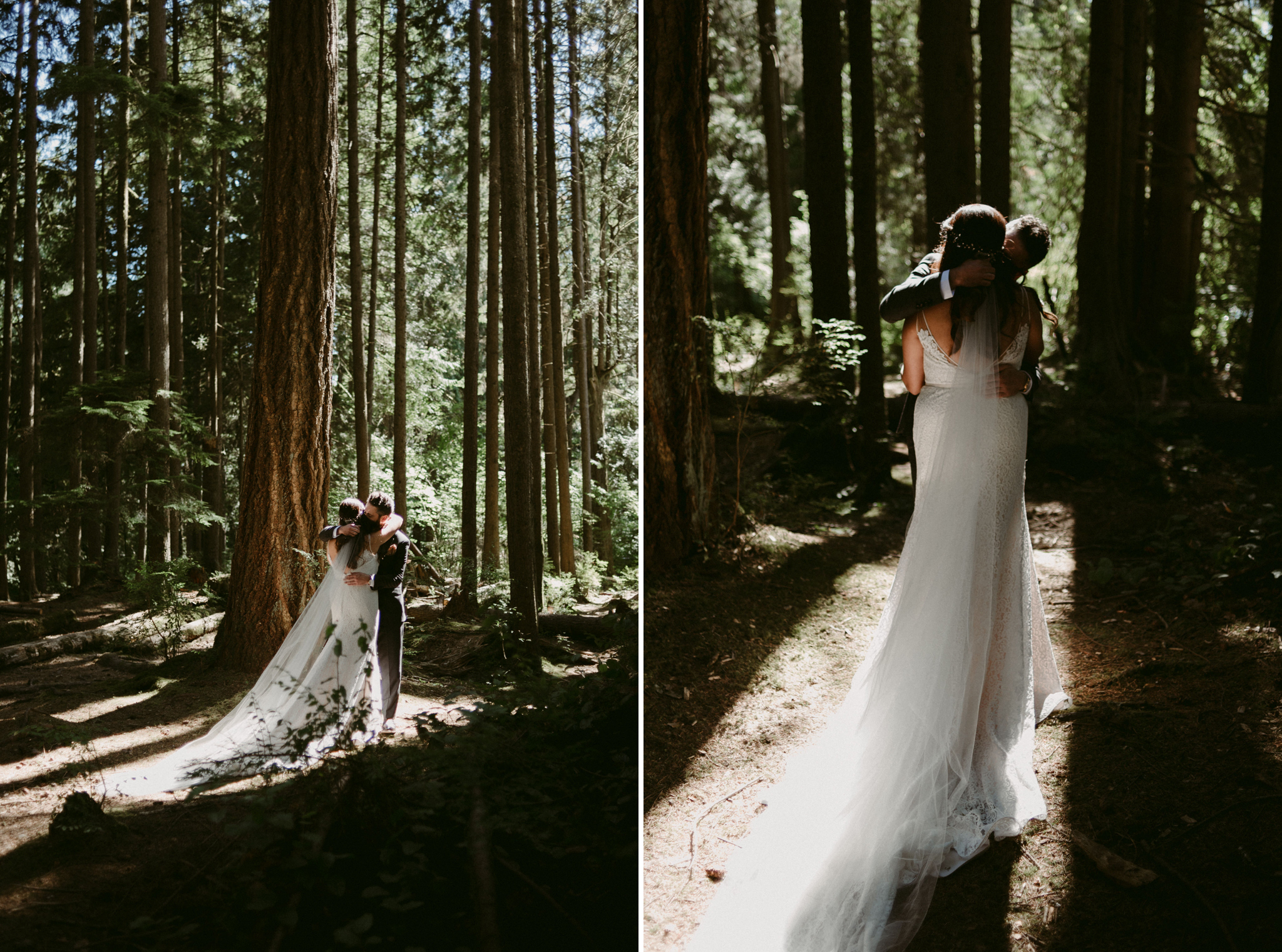 bride and groom first look in fores