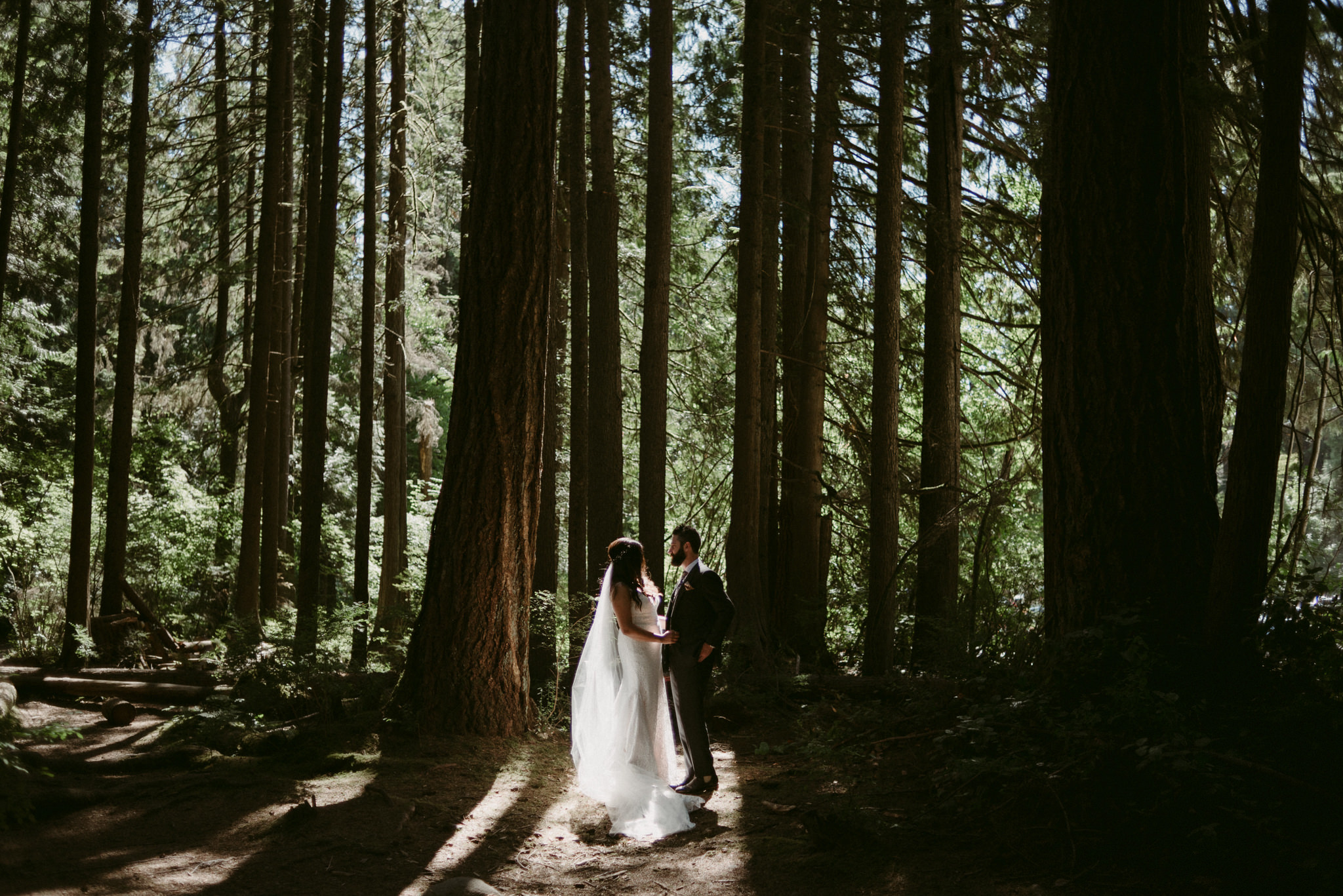 bride and groom first look in fores