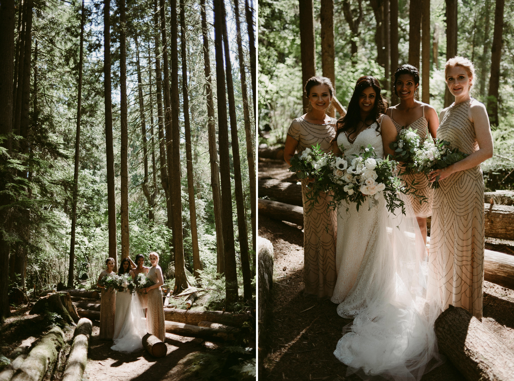 bridesmaids with bride in forest