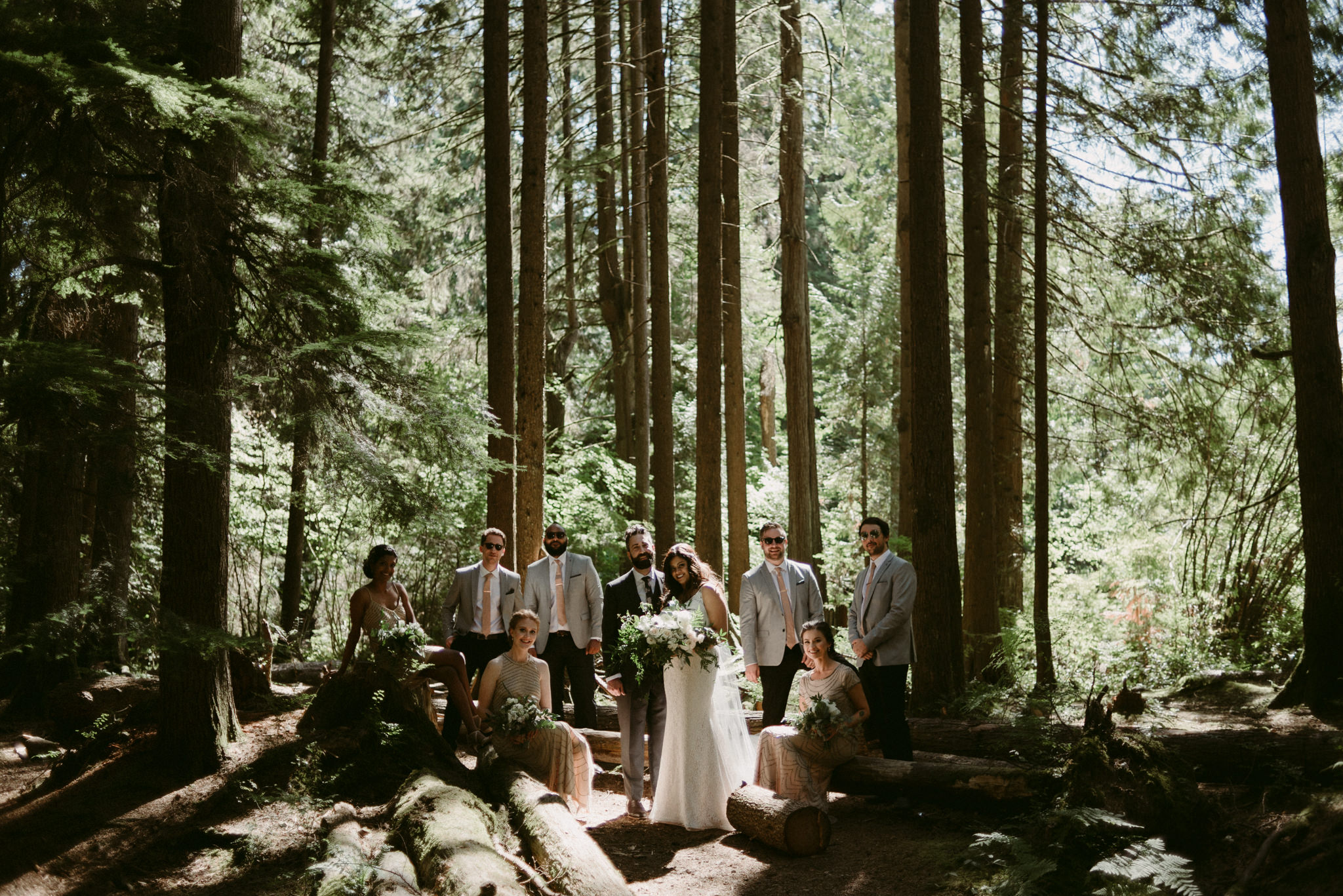 wedding party portrait in forest in vancouver