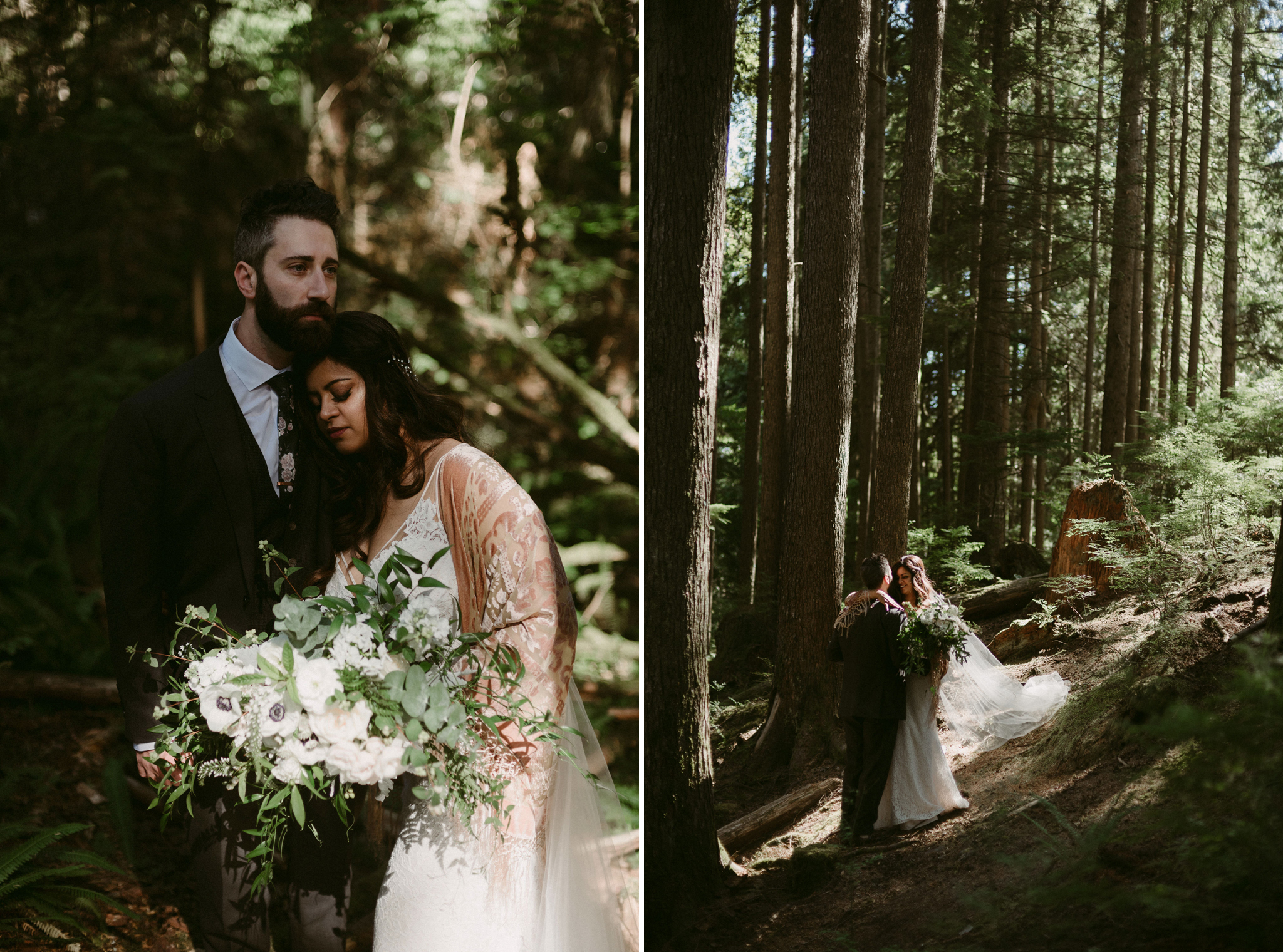 bride and groom in forest