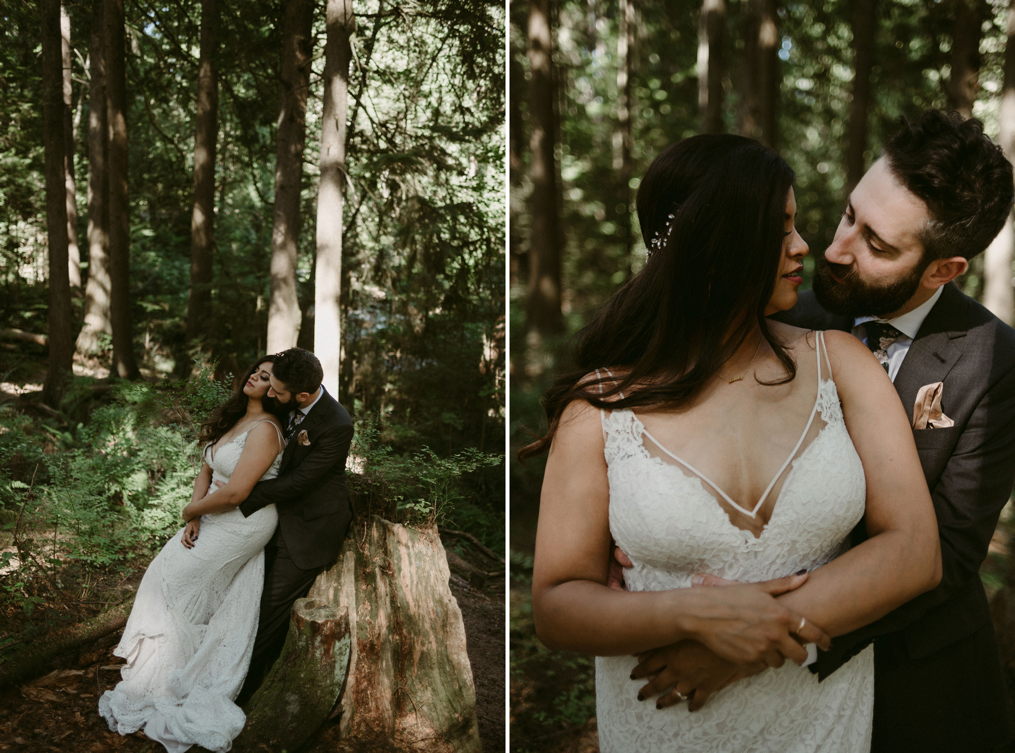 bride and groom sitting on tree stump on forest