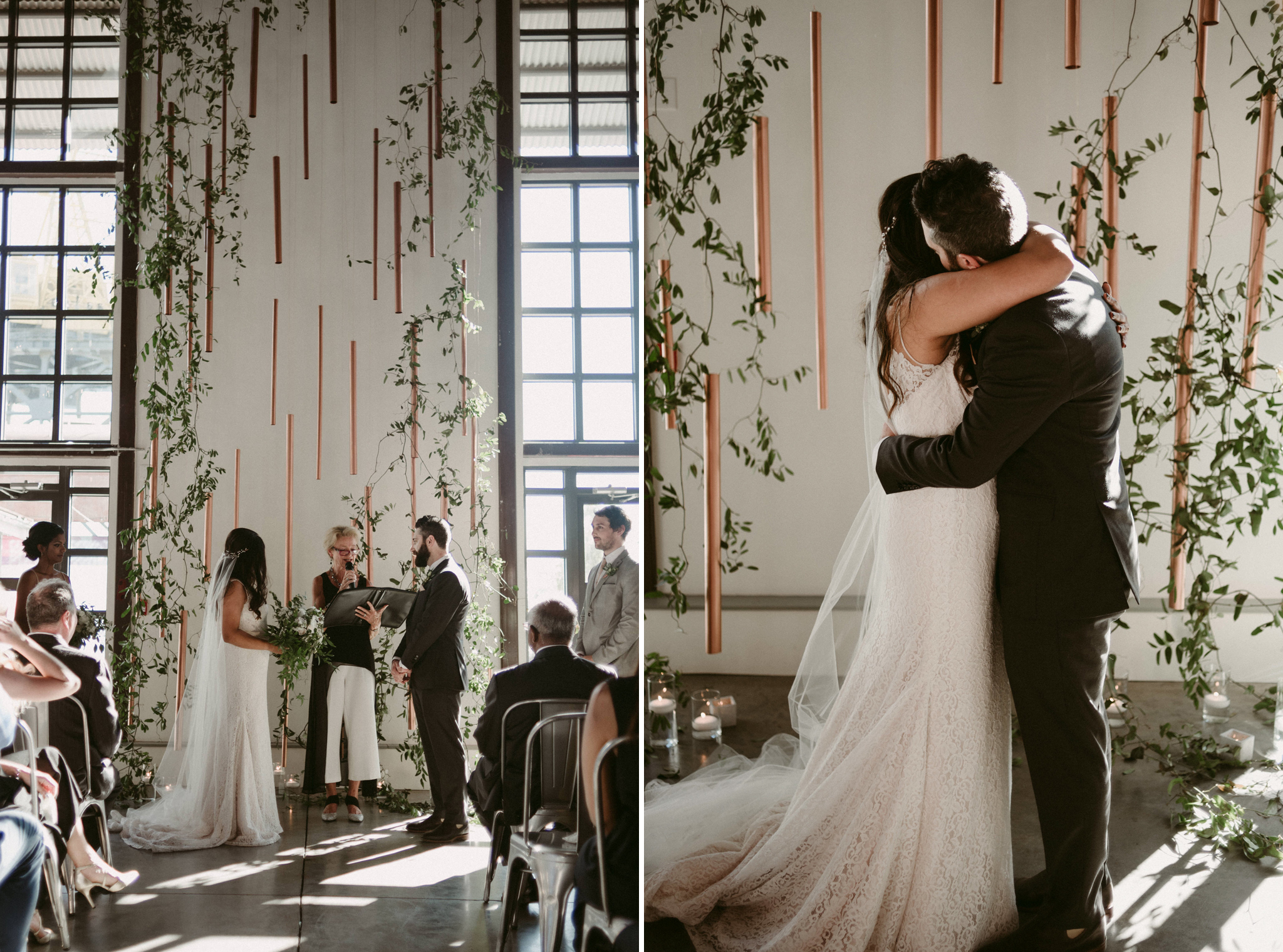 bride and groom hugging