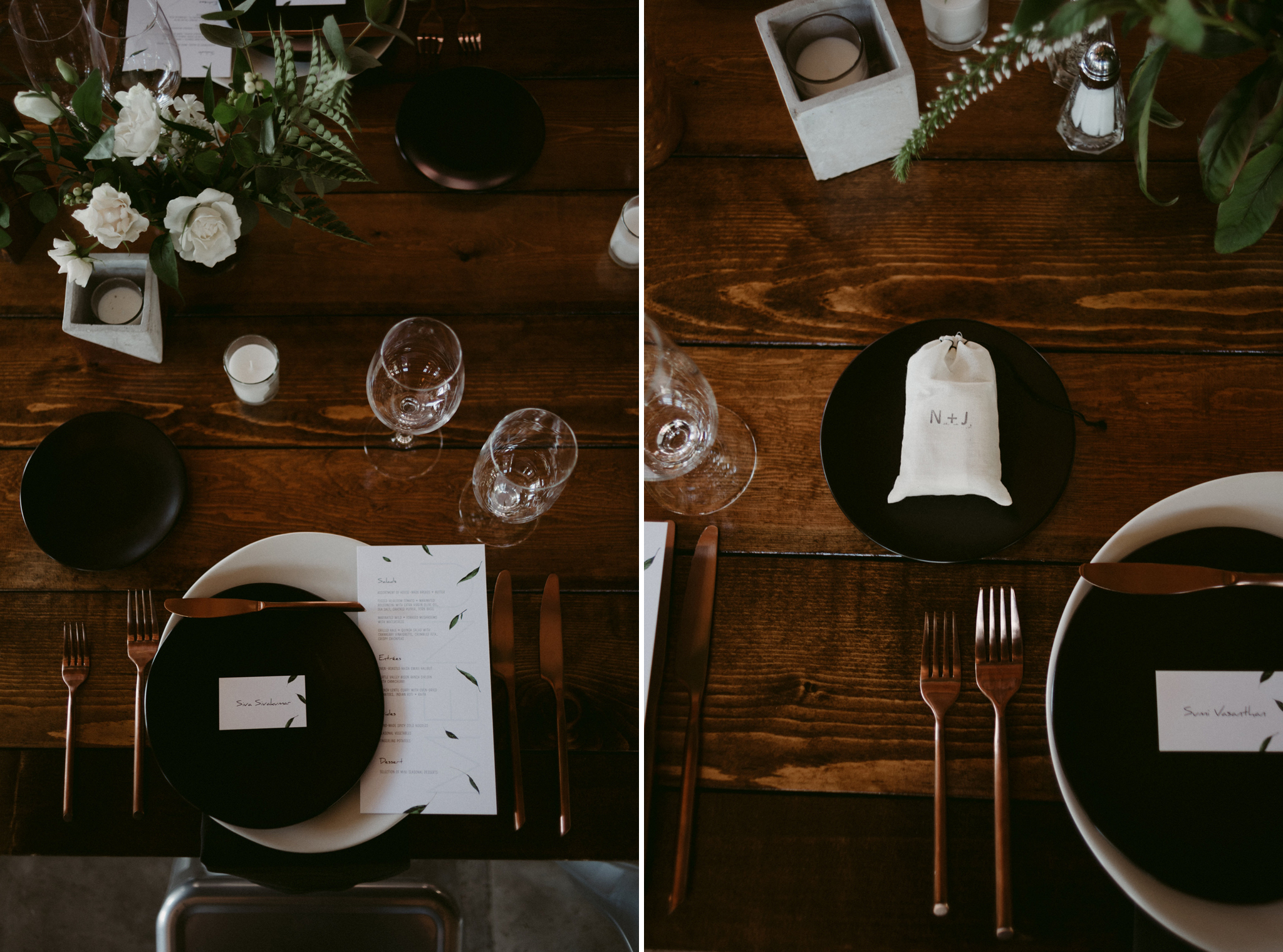 copper utensils, black plates on wood table