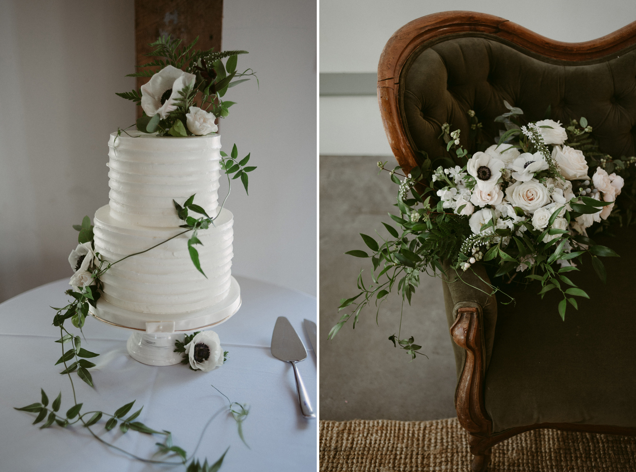 simple white wedding cake with vines and flowers