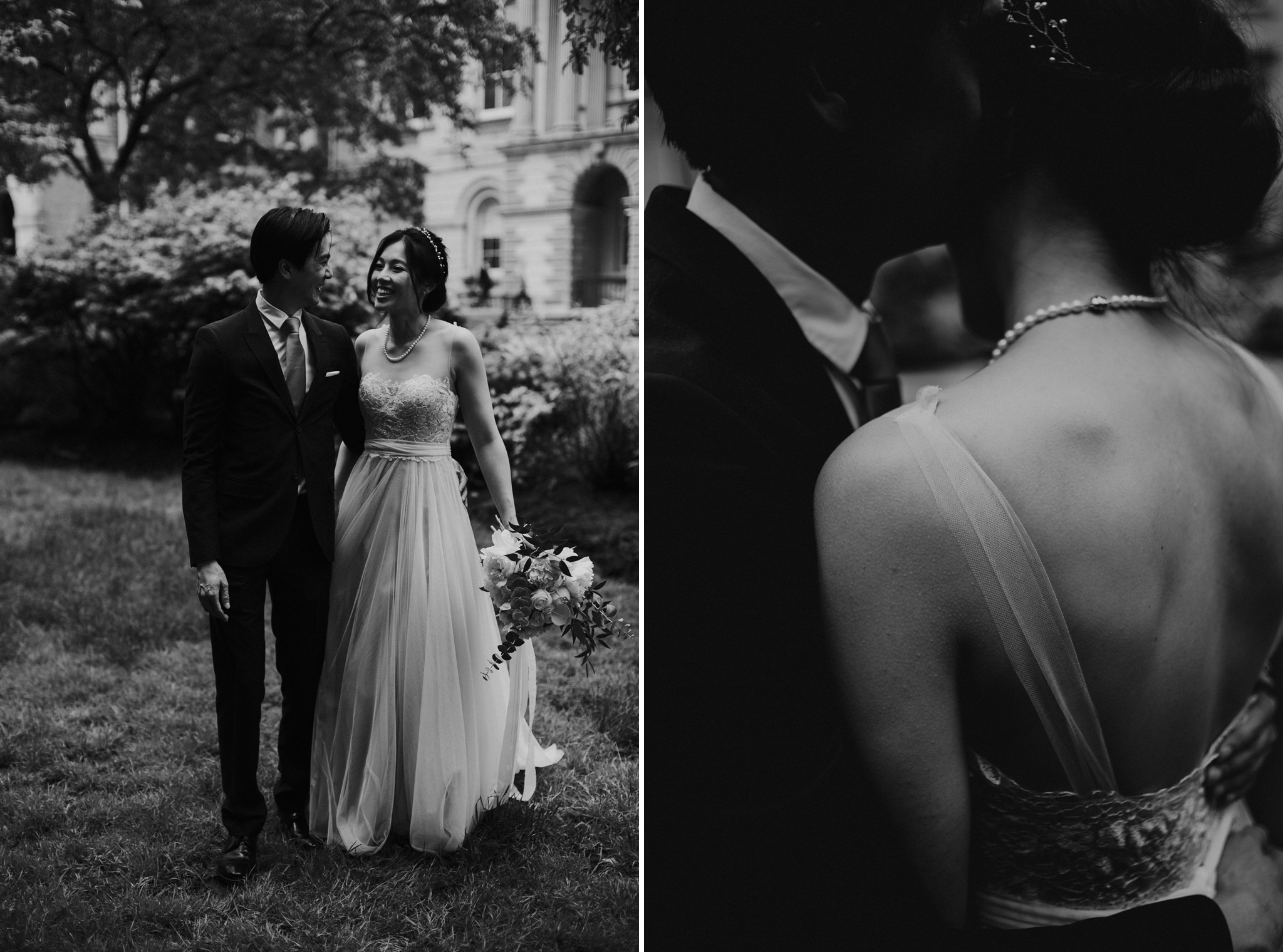 couple on wedding day in front of Osgoode Hall in Toronto