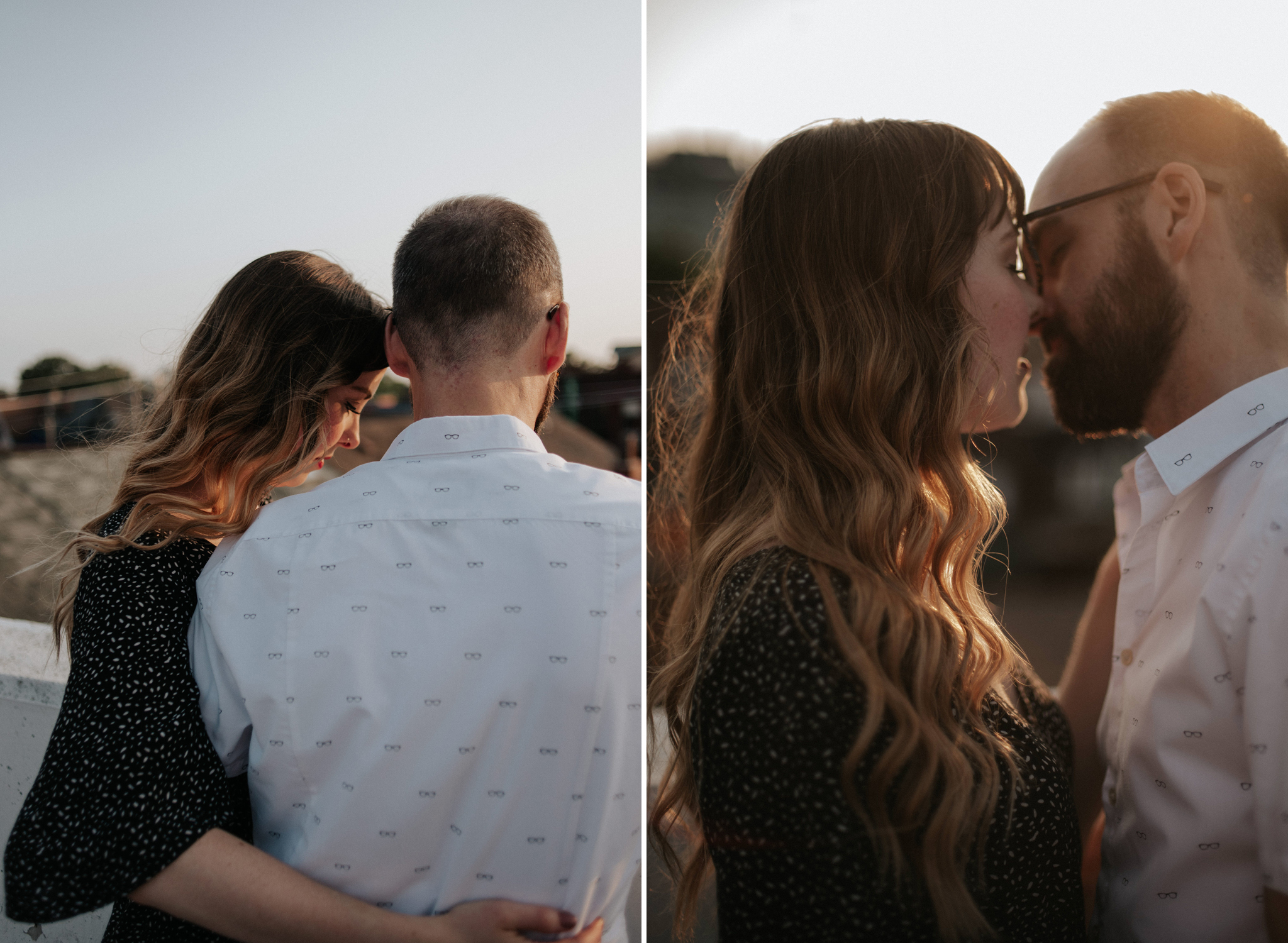 Couple hugging on rooftop in Toronto at sunset