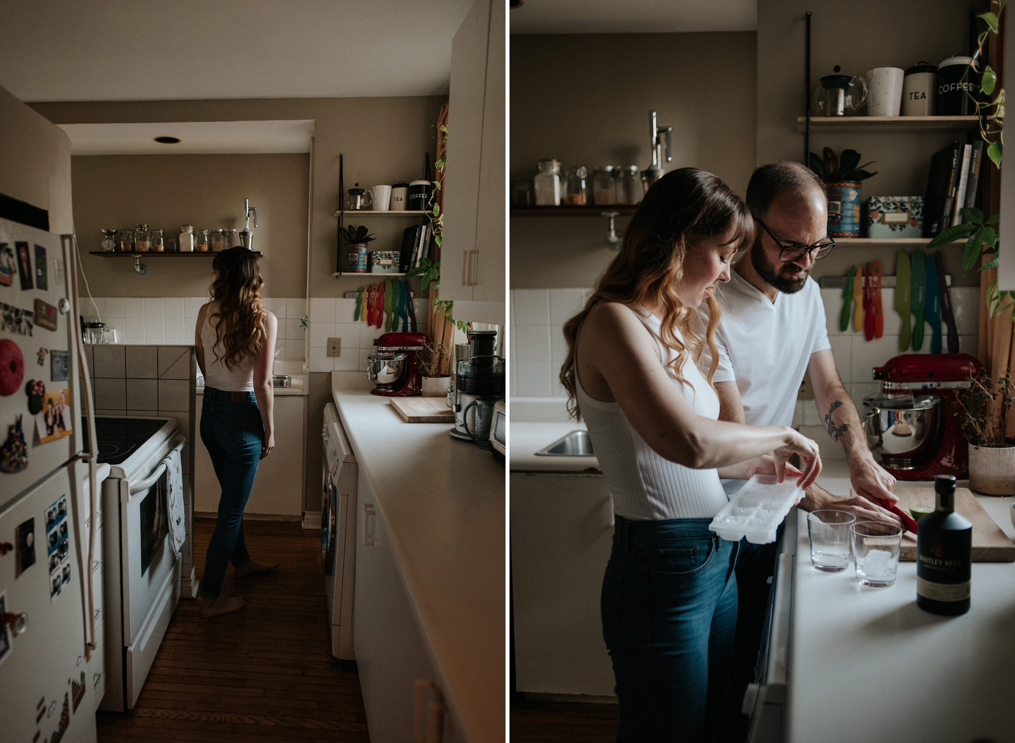 couple in their apartment making drinks