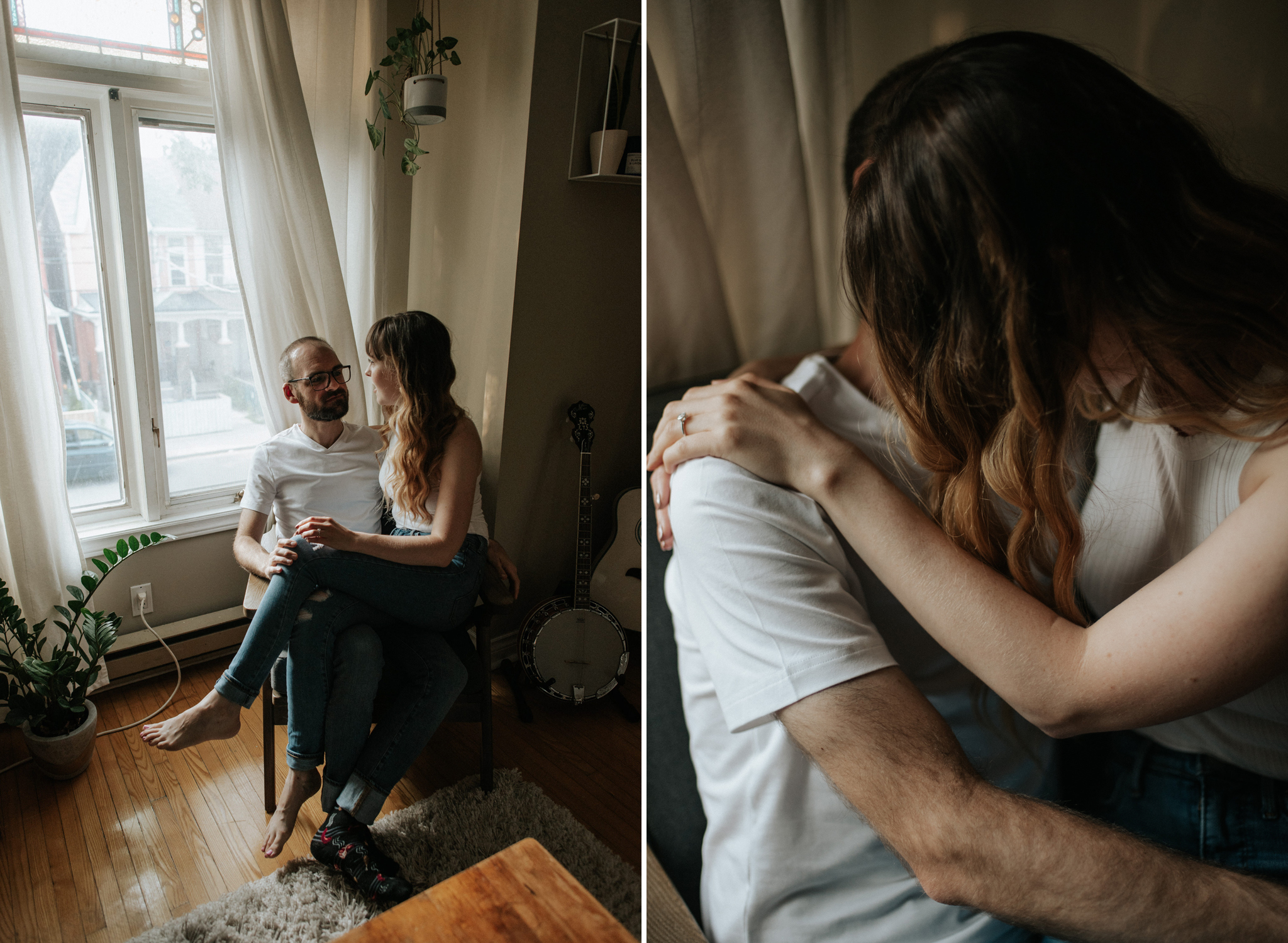 Girl sitting on guy's lap on chair in apartment