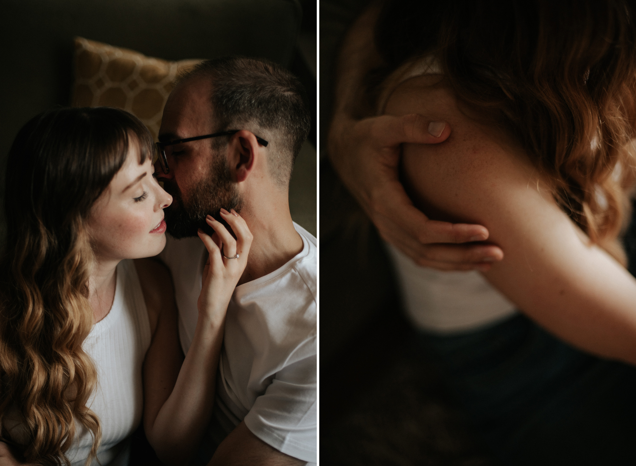 Couple cuddling on apartment floor