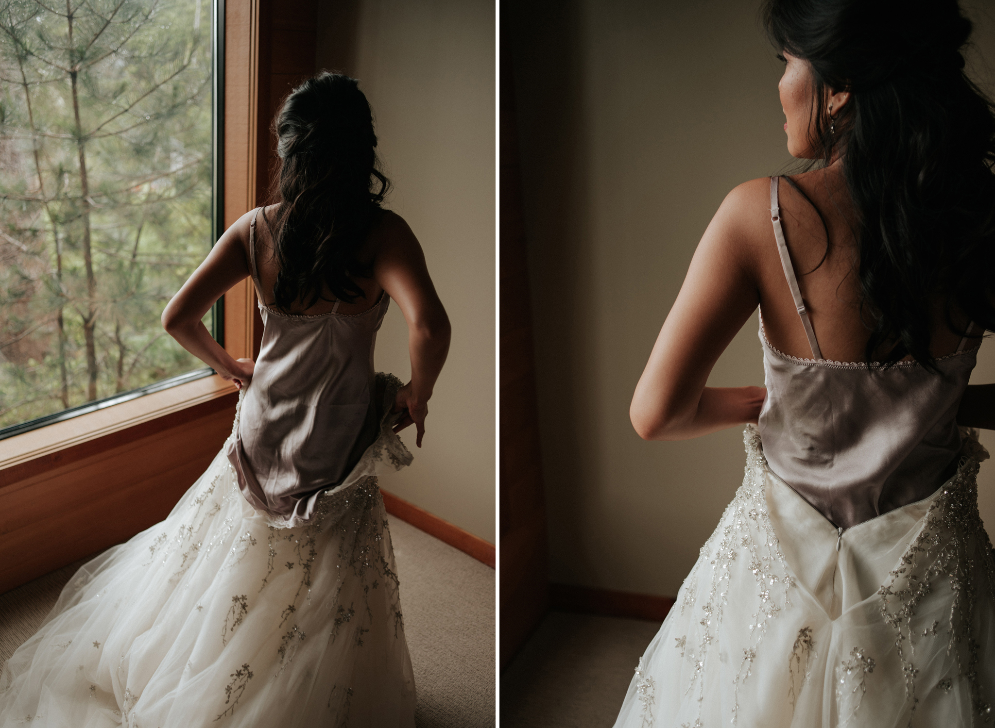 bride stepping into dress by window at Wickaninnish Inn for her Tofino Elopement