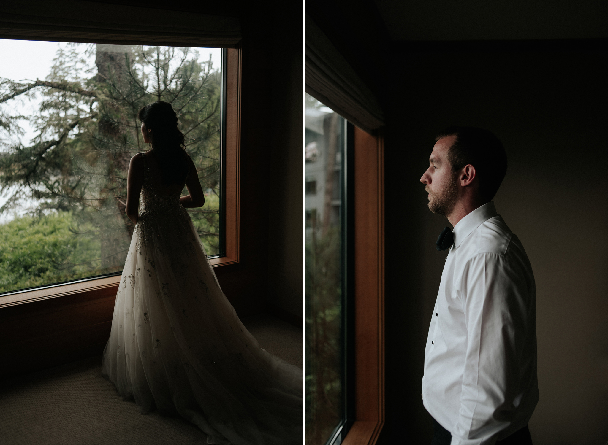 bride and groom standing by window at Wickaninnish Inn for her Tofino Elopement