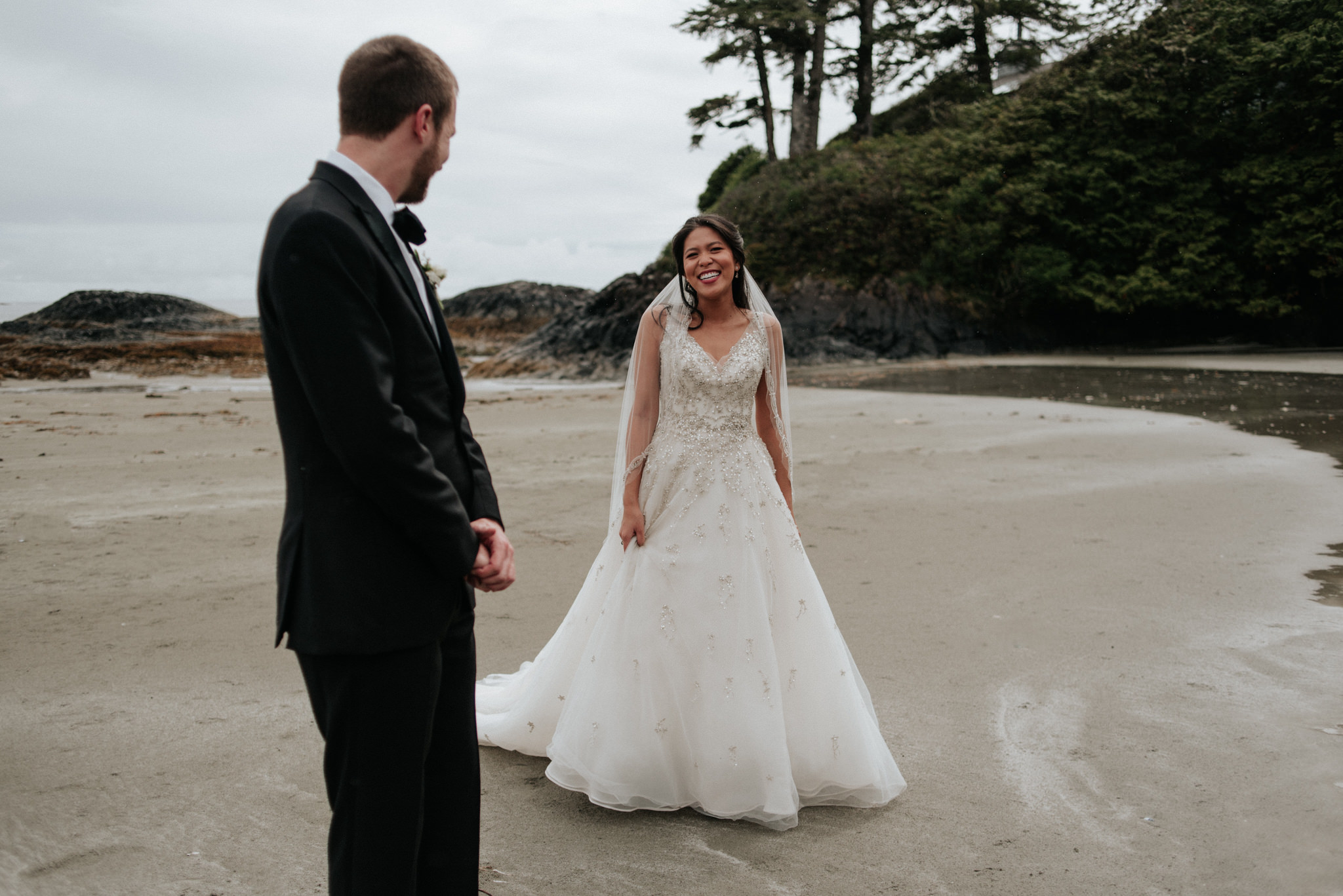 bride and groom on Chesterman Beach