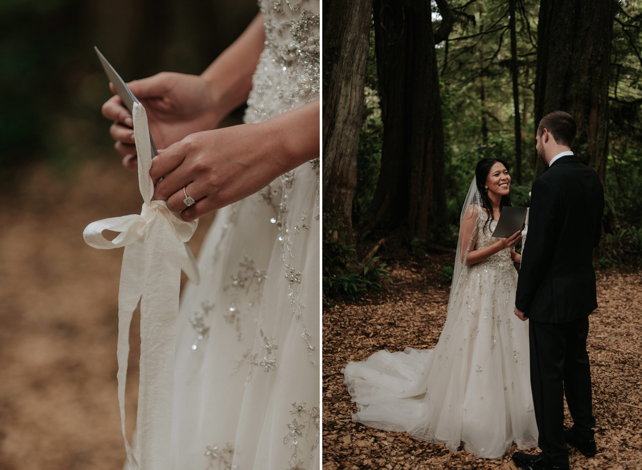 couple holding hands and reading vows to each other