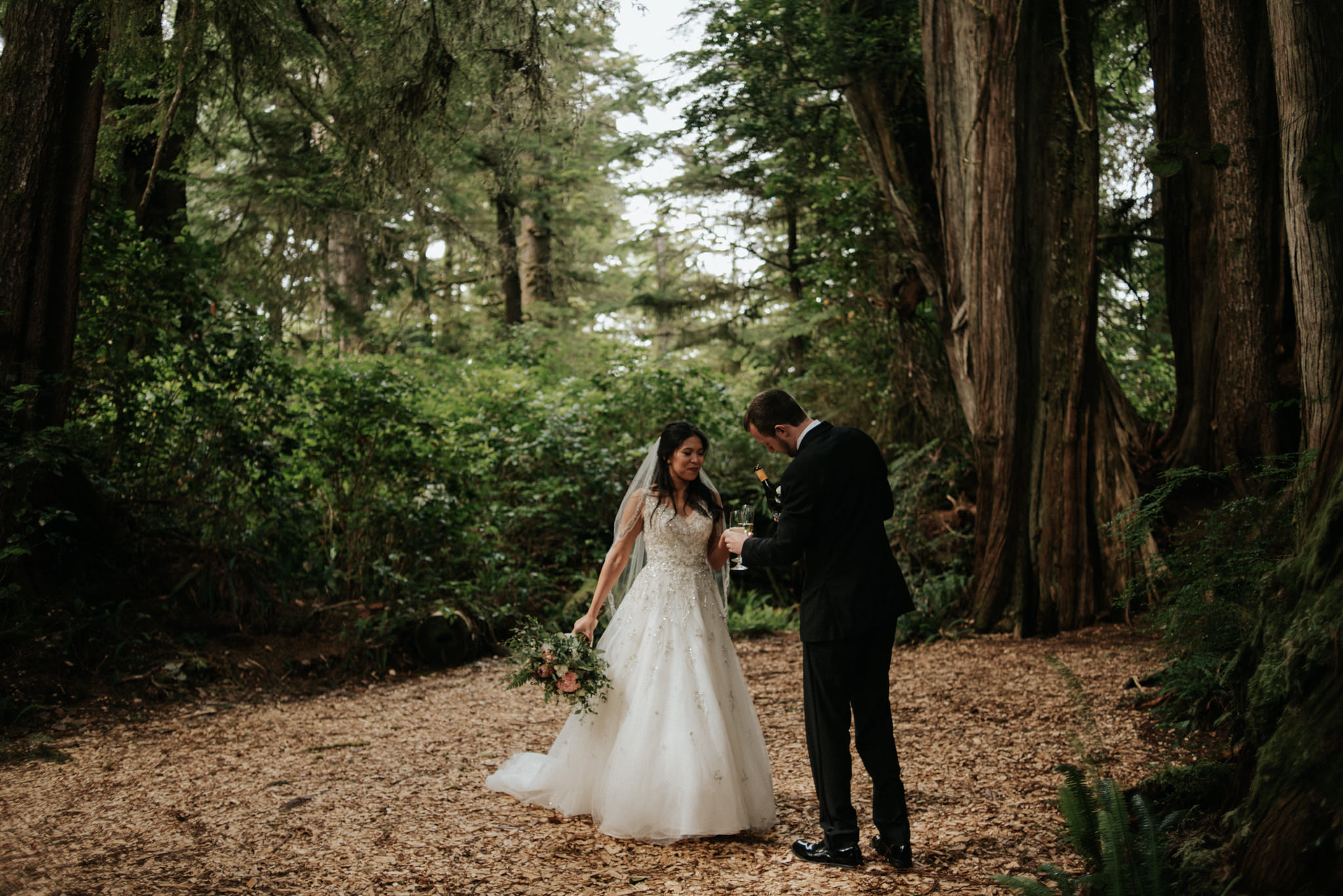 bride and groom drinking champagne after wedding ceremony in forest in Tofino