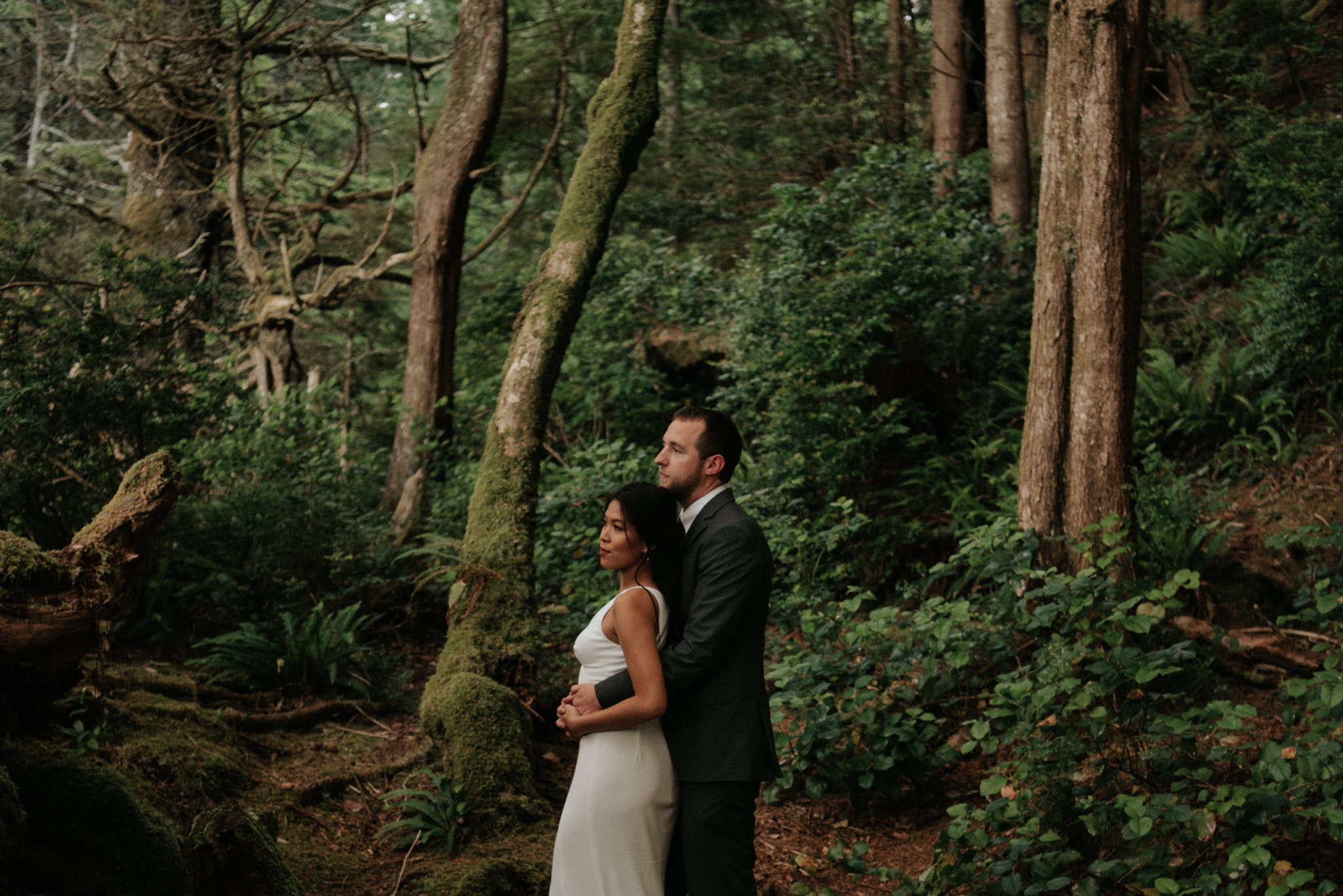 wedding portraits in forest at sunset