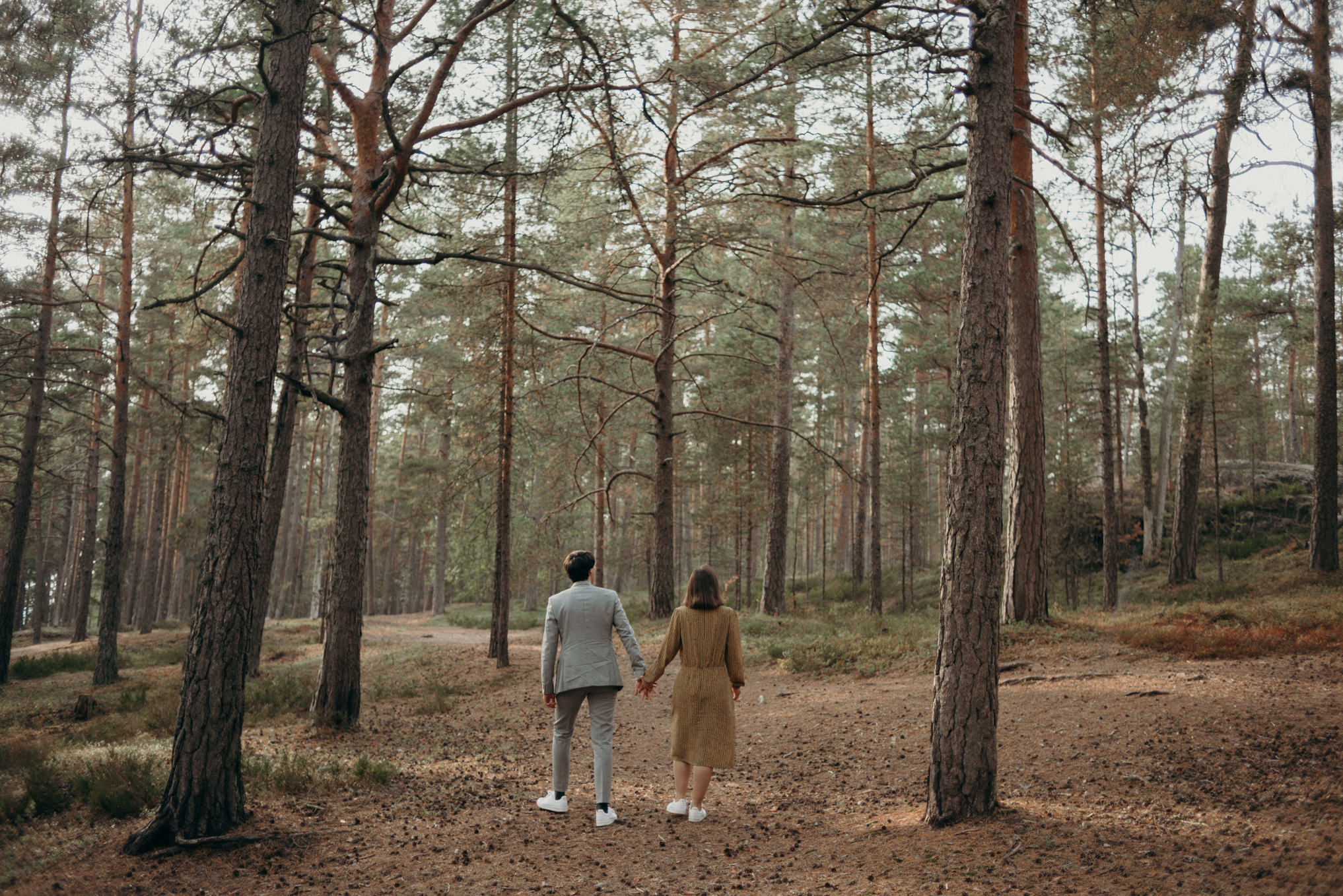 young couple holding hands and exploring forest of pine trees in Finland